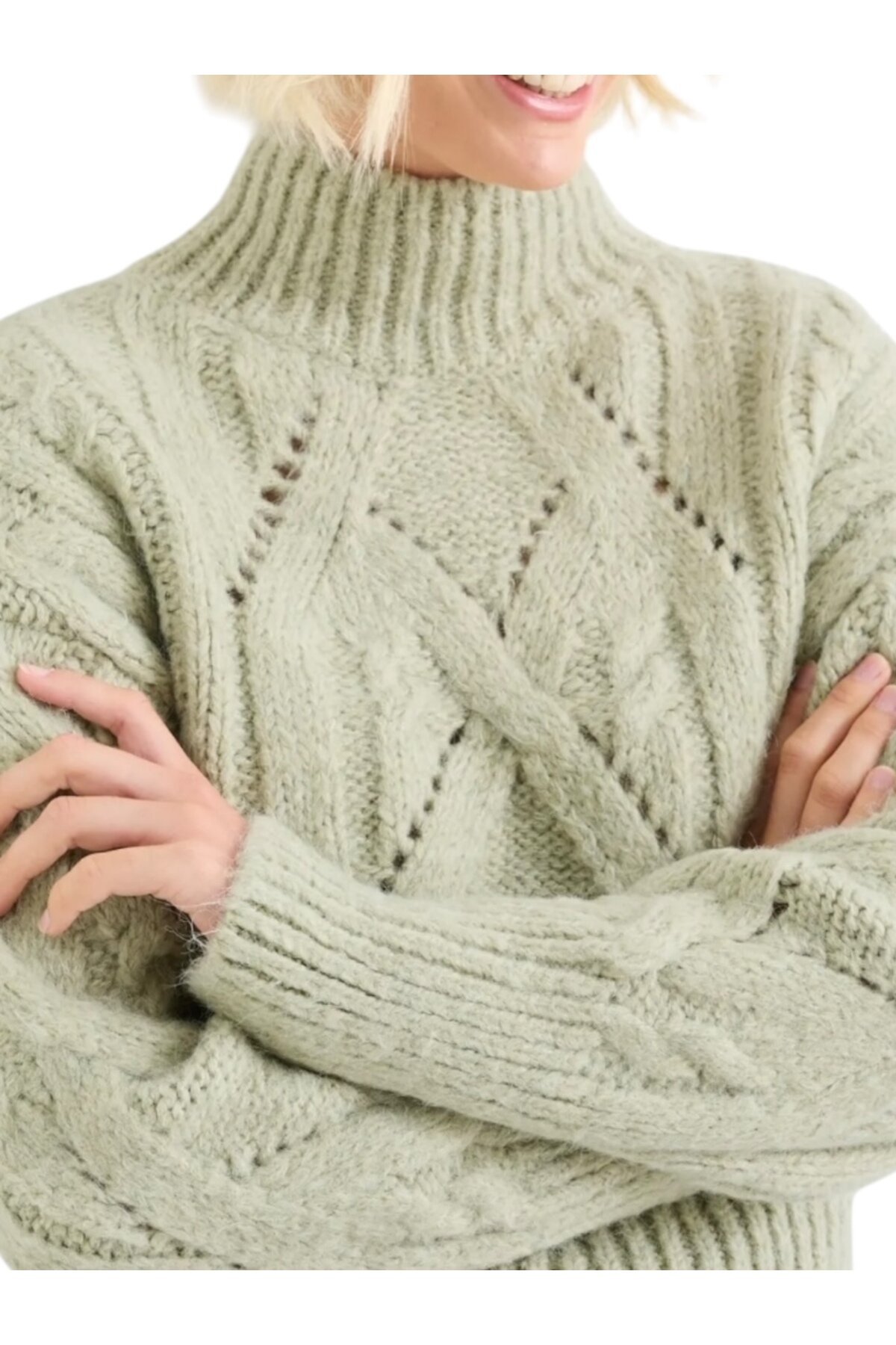 Kadın Su Yeşili Crop Boy Yarım Balıkcı Yumuşacık Triko Kazak