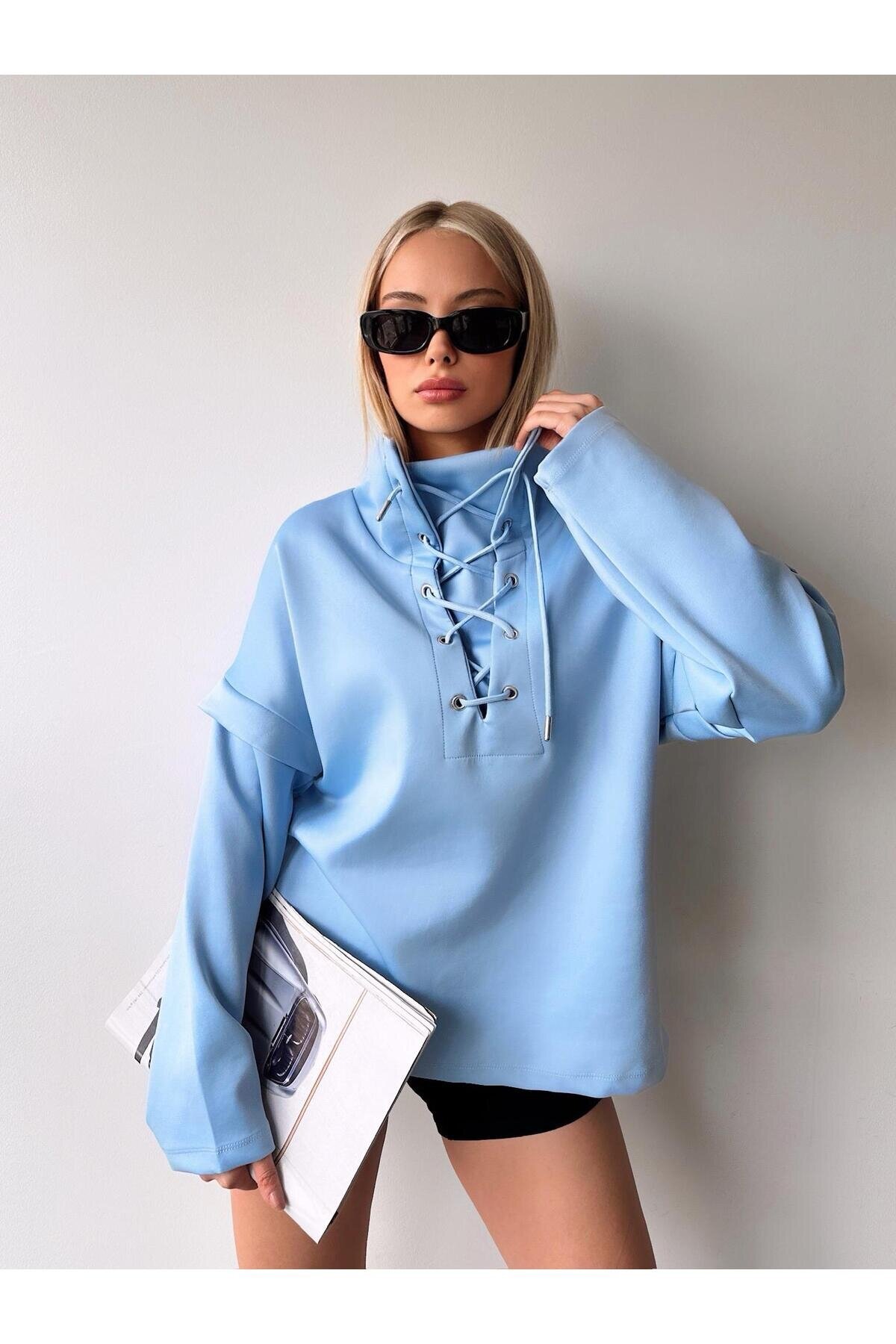 Kadın Tasarım Bağcıklı Yaka Super Şık Trend Scuba Sweatshirt