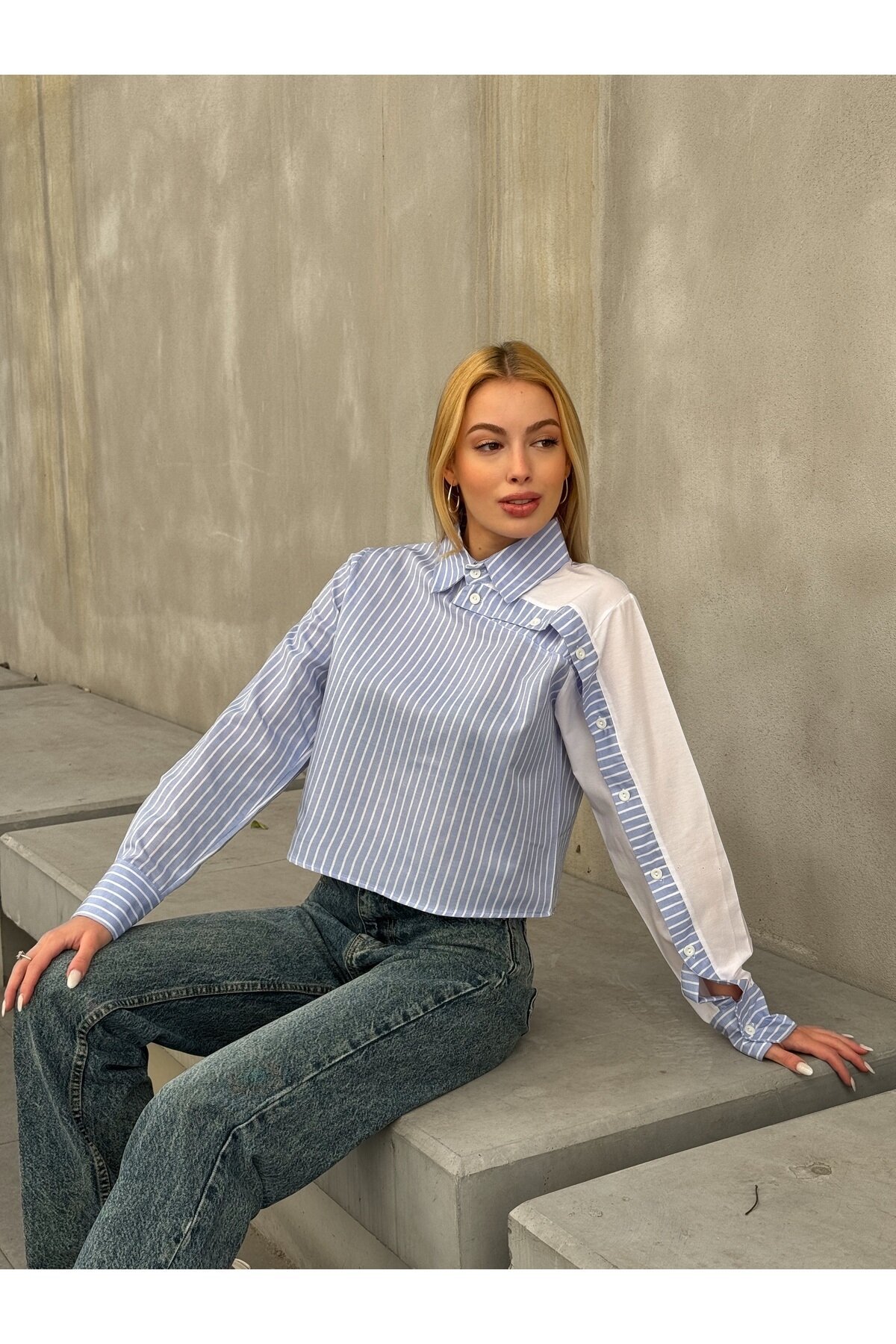 Kadın Tasarım Etek Üstü Crop Boy Pamuklu Şık Pamuklu Gömlek