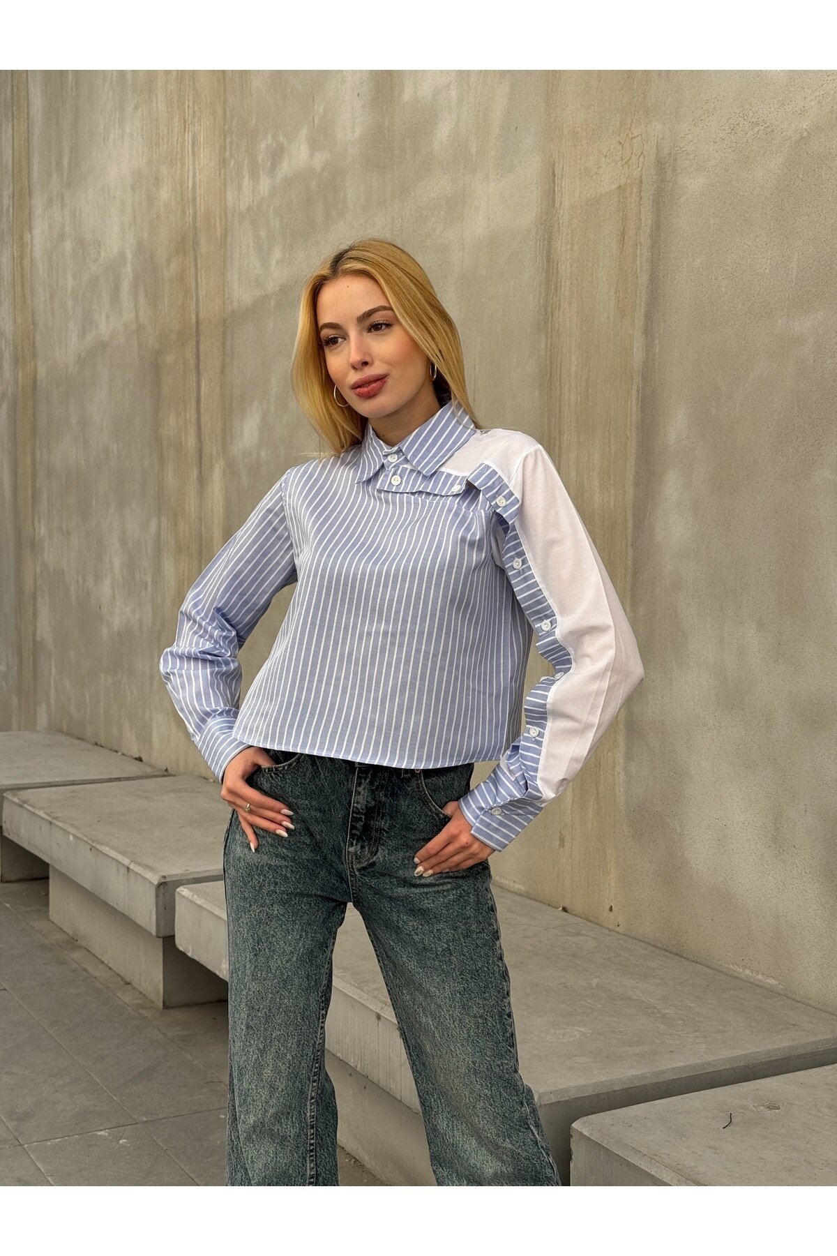 Kadın Tasarım Etek Üstü Crop Boy Pamuklu Şık Pamuklu Gömlek