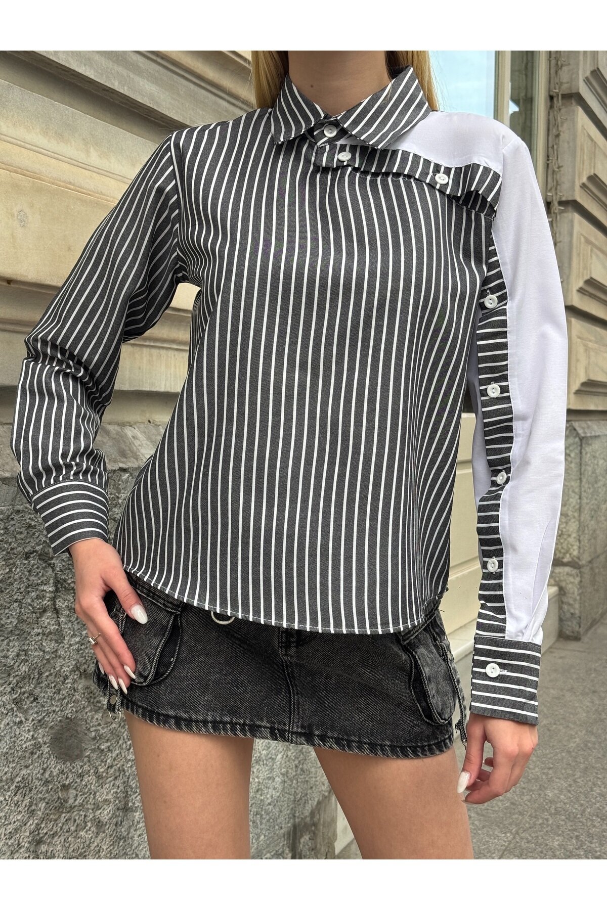 Kadın Tasarım Tesettüre Uygun Etek Üstü Uzun Boy Pamuklu Şık Yaka Kapalı Gömlek