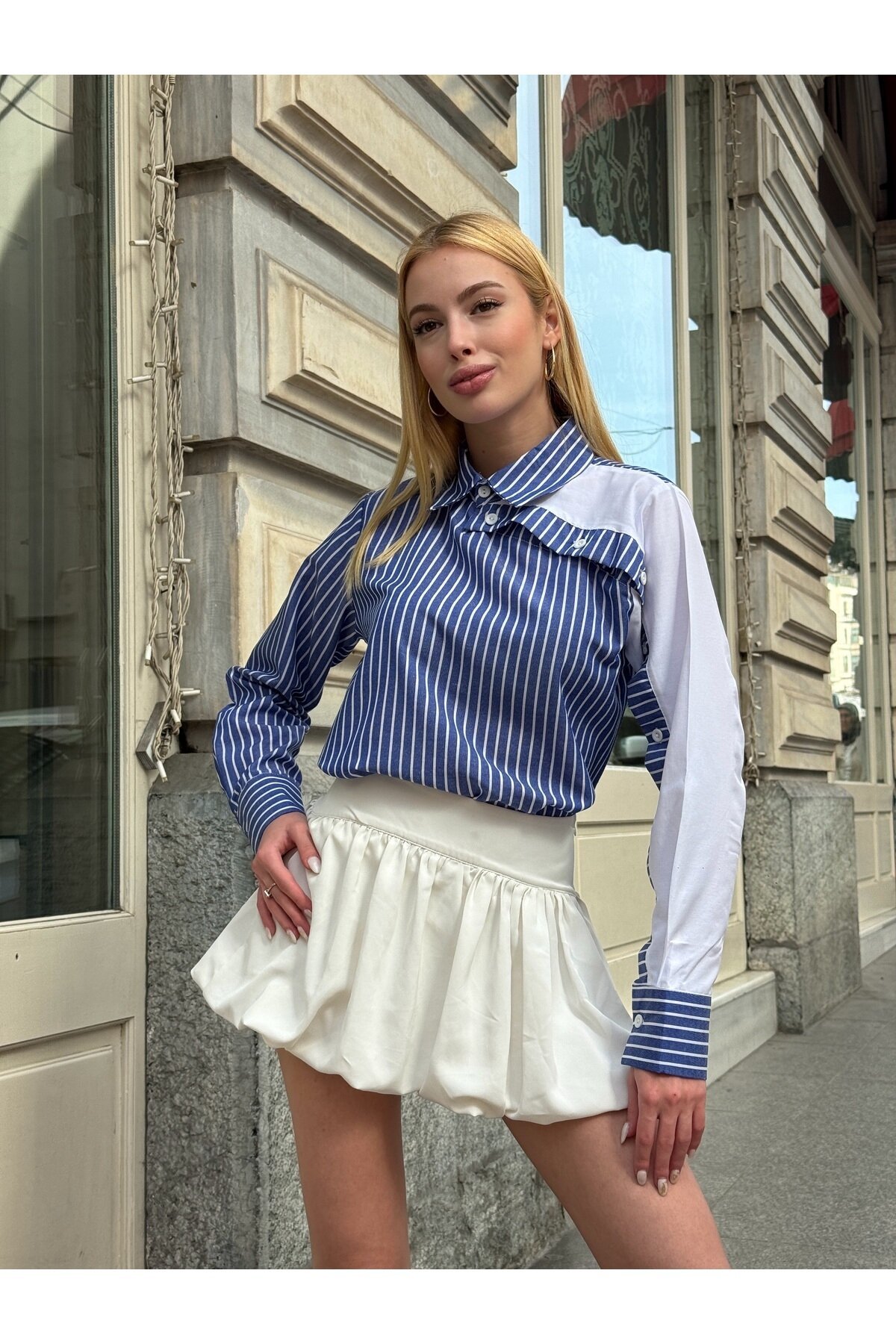 Kadın Tasarım Tesettüre Uygun Etek Üstü Uzun Boy Pamuklu Şık Yaka Kapalı Gömlek