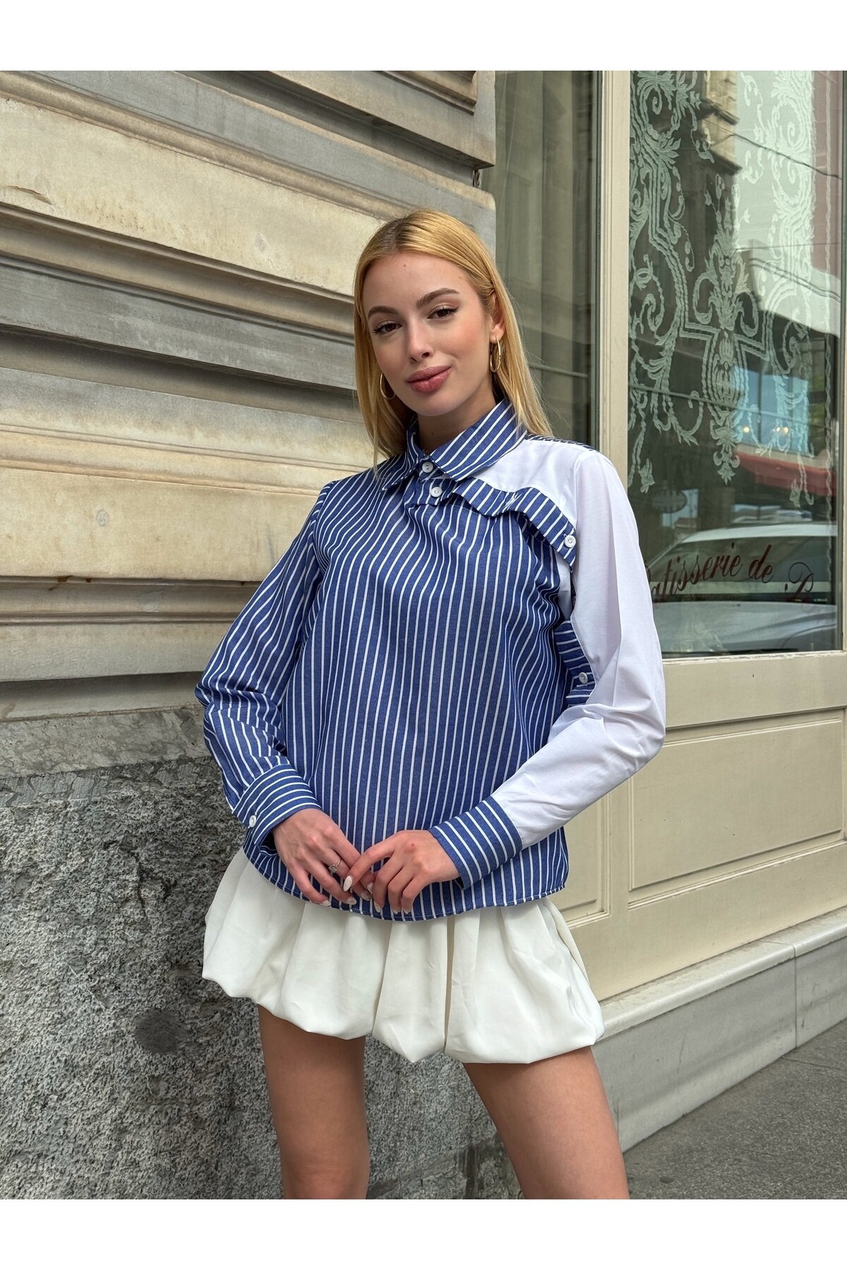 Kadın Tasarım Tesettüre Uygun Etek Üstü Uzun Boy Pamuklu Şık Yaka Kapalı Gömlek