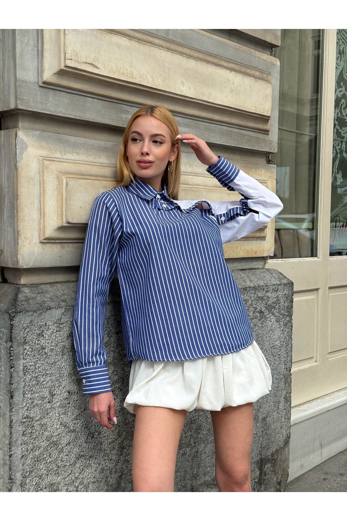 Kadın Tasarım Tesettüre Uygun Etek Üstü Uzun Boy Pamuklu Şık Yaka Kapalı Gömlek