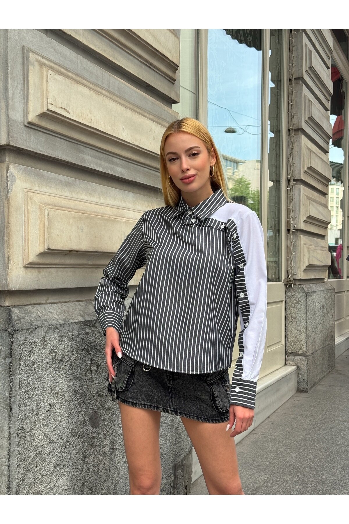 Kadın Tasarım Tesettüre Uygun Etek Üstü Uzun Boy Pamuklu Şık Yaka Kapalı Gömlek