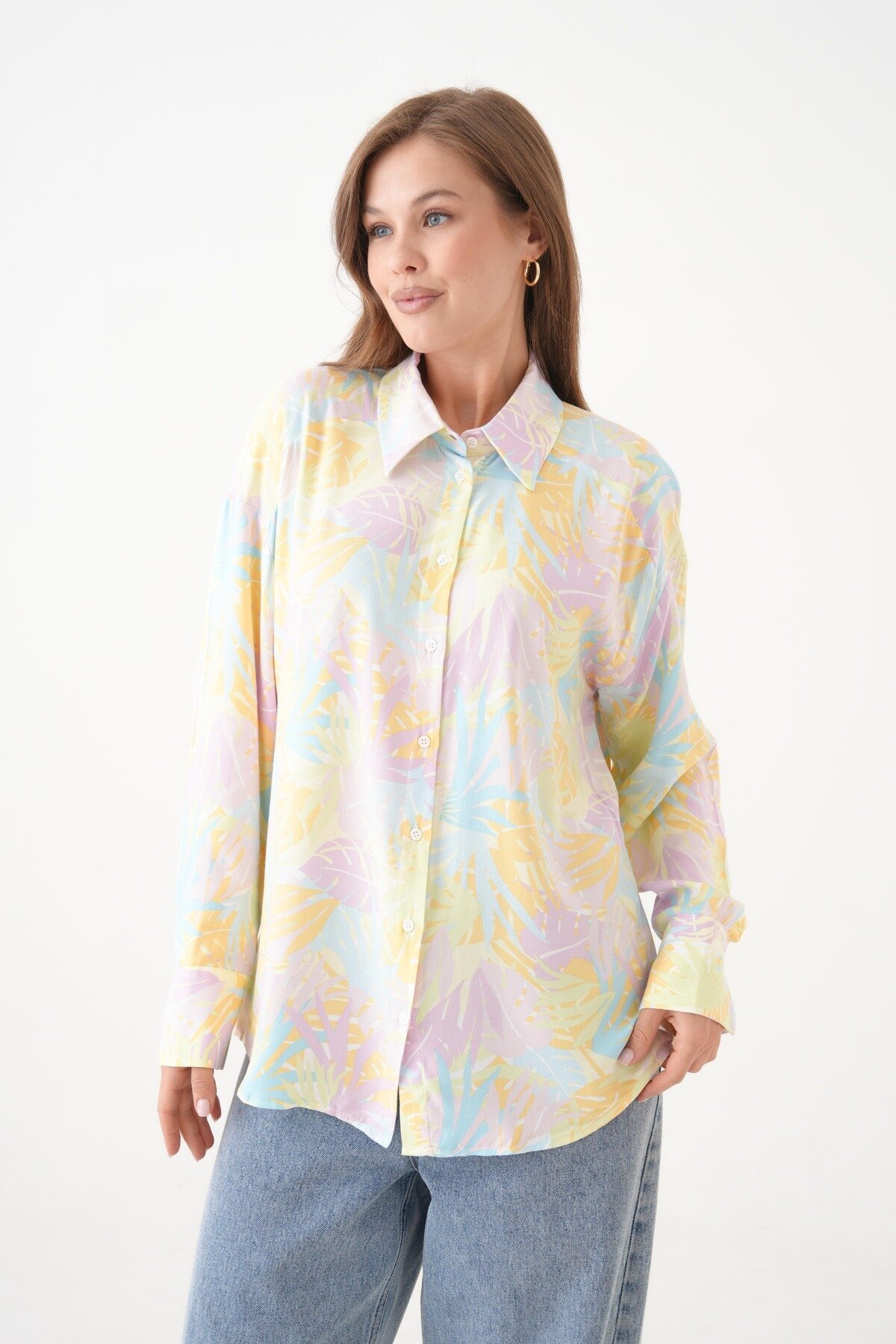 Kadın Tesettüre Uygun Desenli Uzun Kol Pamuk Şık Büyük Beden Desenli Curve Rahat Gömlek