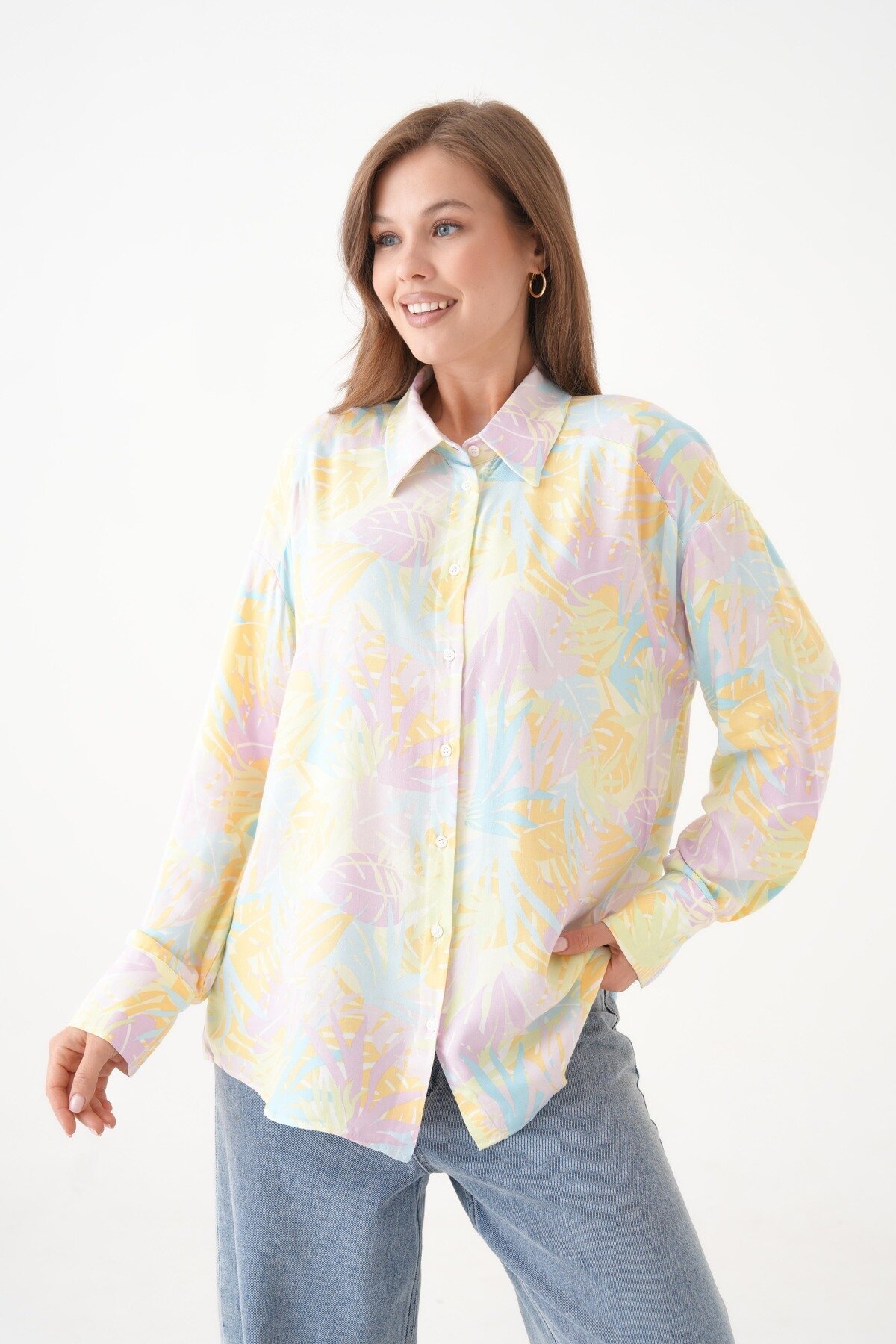 Kadın Tesettüre Uygun Desenli Uzun Kol Pamuk Şık Büyük Beden Desenli Curve Rahat Gömlek