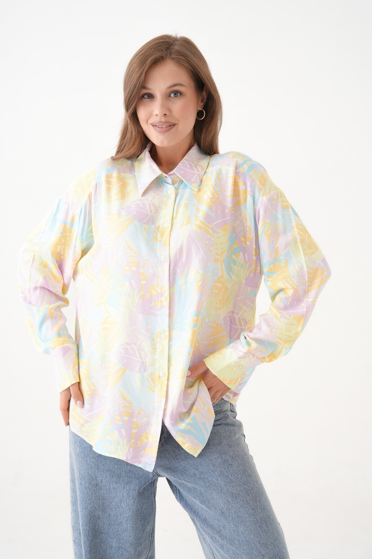 Kadın Tesettüre Uygun Desenli Uzun Kol Pamuk Şık Büyük Beden Desenli Curve Rahat Gömlek