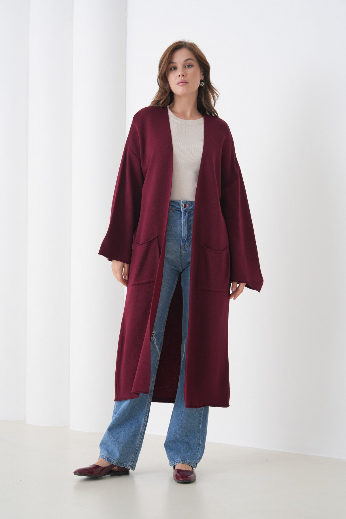 Kadın Tesettüre Uygun Maxi Boy Uzun Kol Cepli Spor Şık Triko Ceket