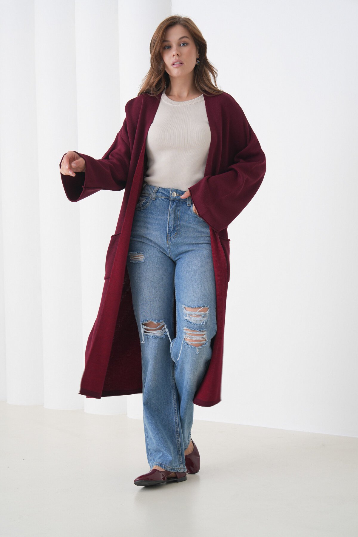 Kadın Tesettüre Uygun Maxi Boy Uzun Kol Cepli Spor Şık Triko Ceket