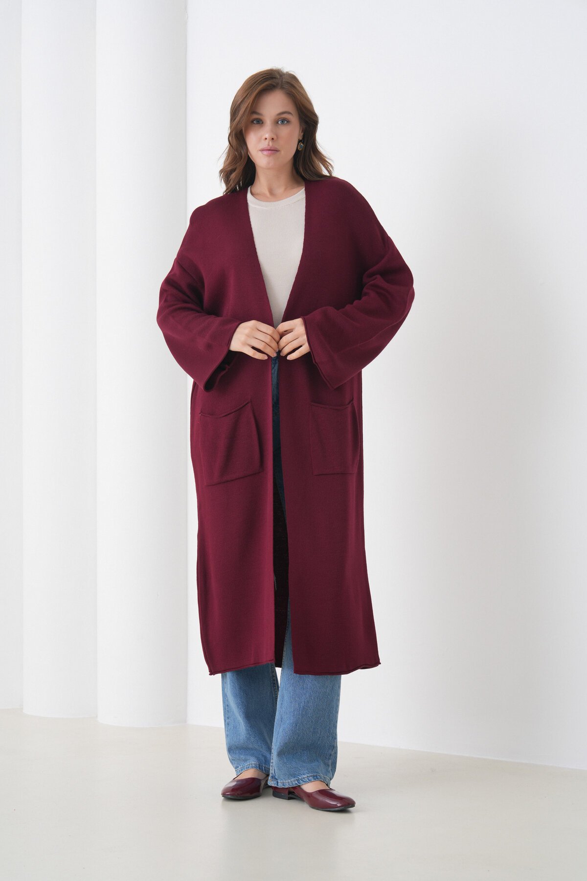 Kadın Tesettüre Uygun Maxi Boy Uzun Kol Cepli Spor Şık Triko Ceket