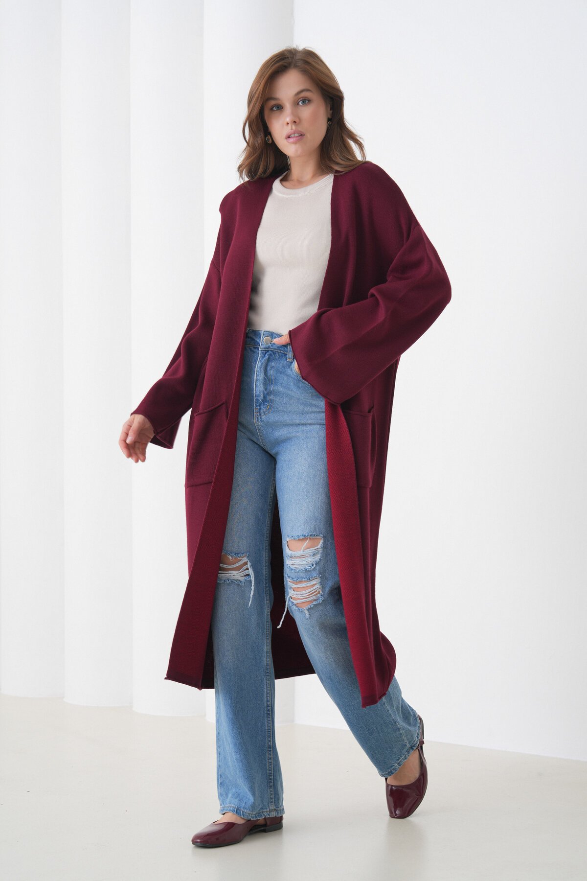 Kadın Tesettüre Uygun Maxi Boy Uzun Kol Cepli Spor Şık Triko Ceket