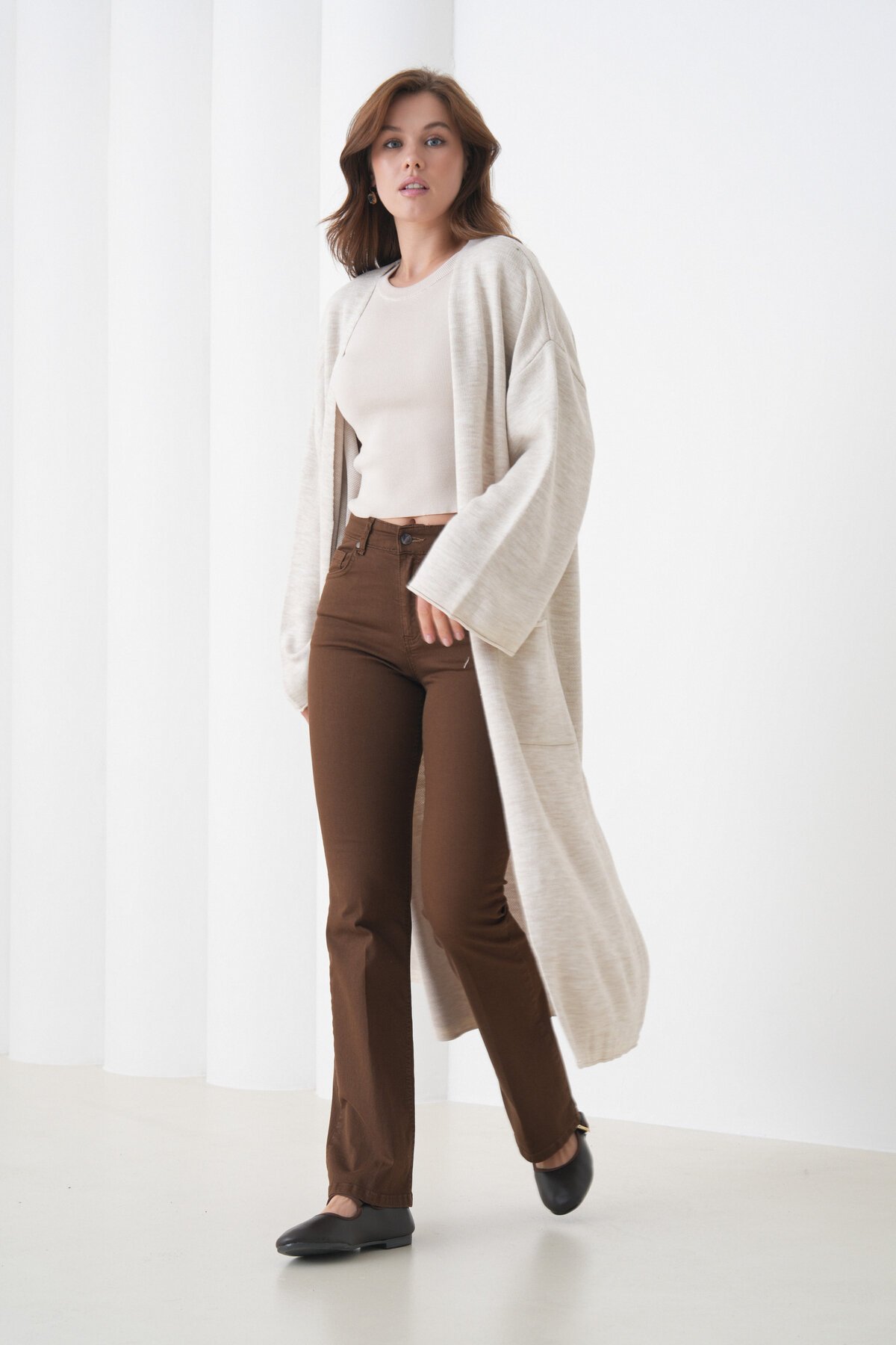 Kadın Tesettüre Uygun Maxi Boy Uzun Kol Cepli Spor Şık Triko Ceket