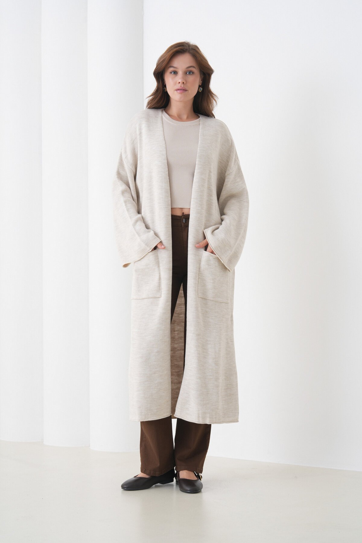 Kadın Tesettüre Uygun Maxi Boy Uzun Kol Cepli Spor Şık Triko Ceket