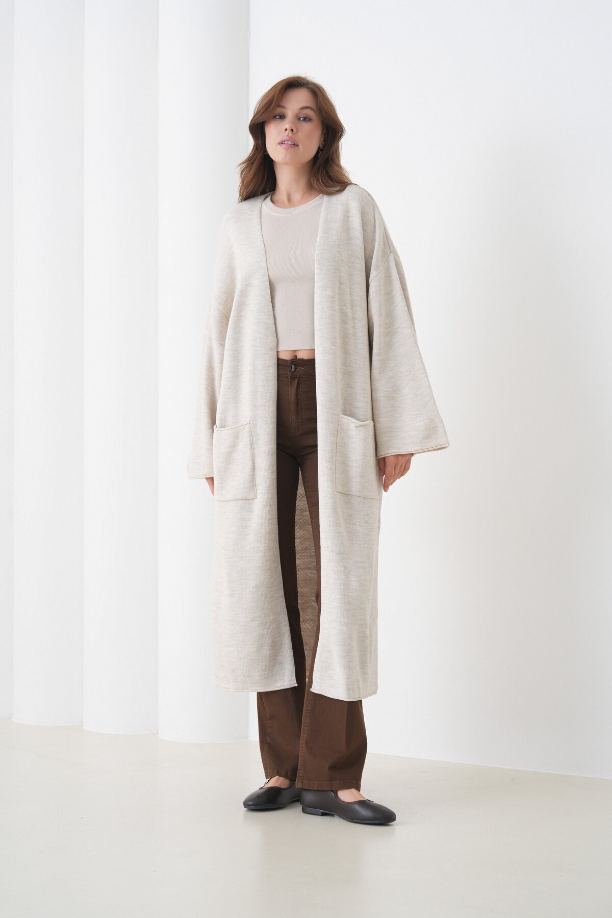 Kadın Tesettüre Uygun Maxi Boy Uzun Kol Cepli Spor Şık Triko Ceket