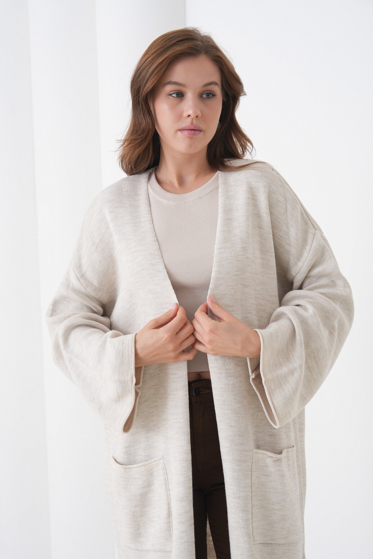 Kadın Tesettüre Uygun Maxi Boy Uzun Kol Cepli Spor Şık Triko Ceket