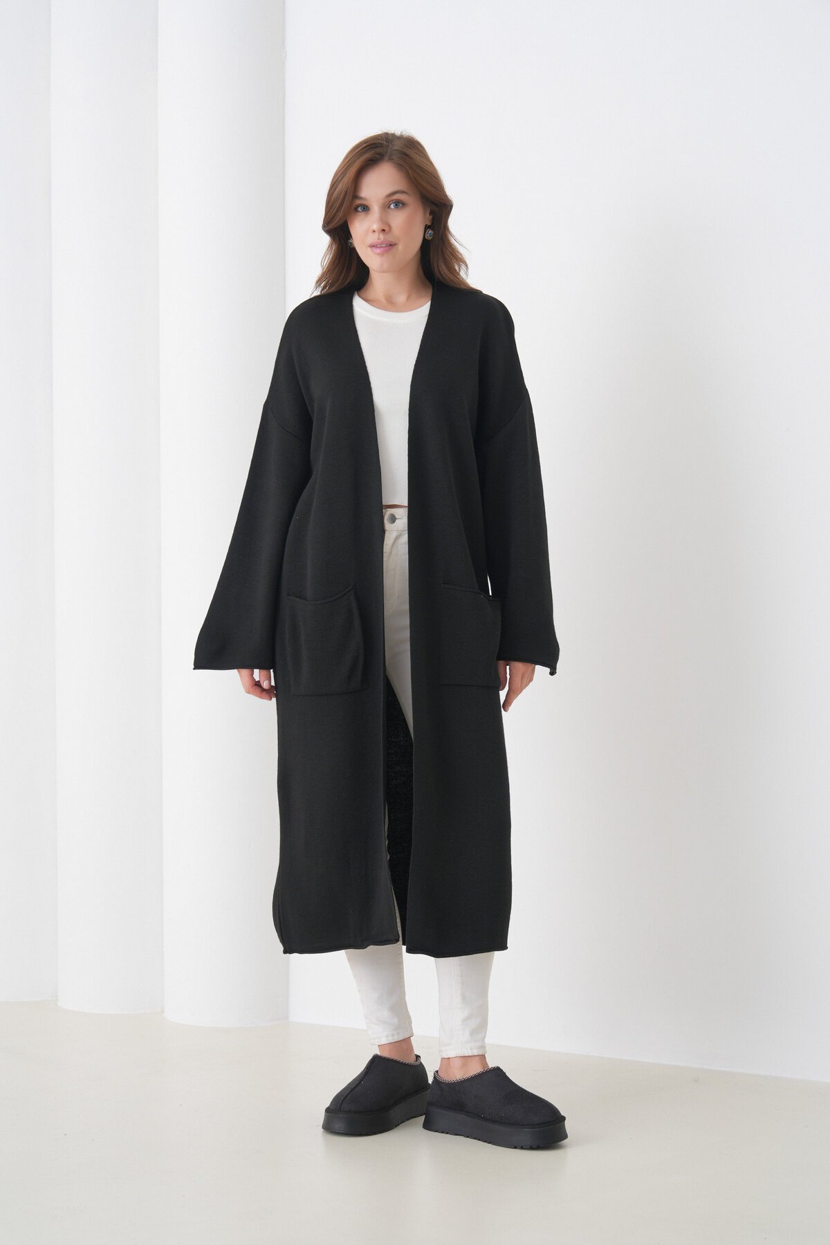 Kadın Tesettüre Uygun Maxi Boy Uzun Kol Cepli Spor Şık Triko Ceket