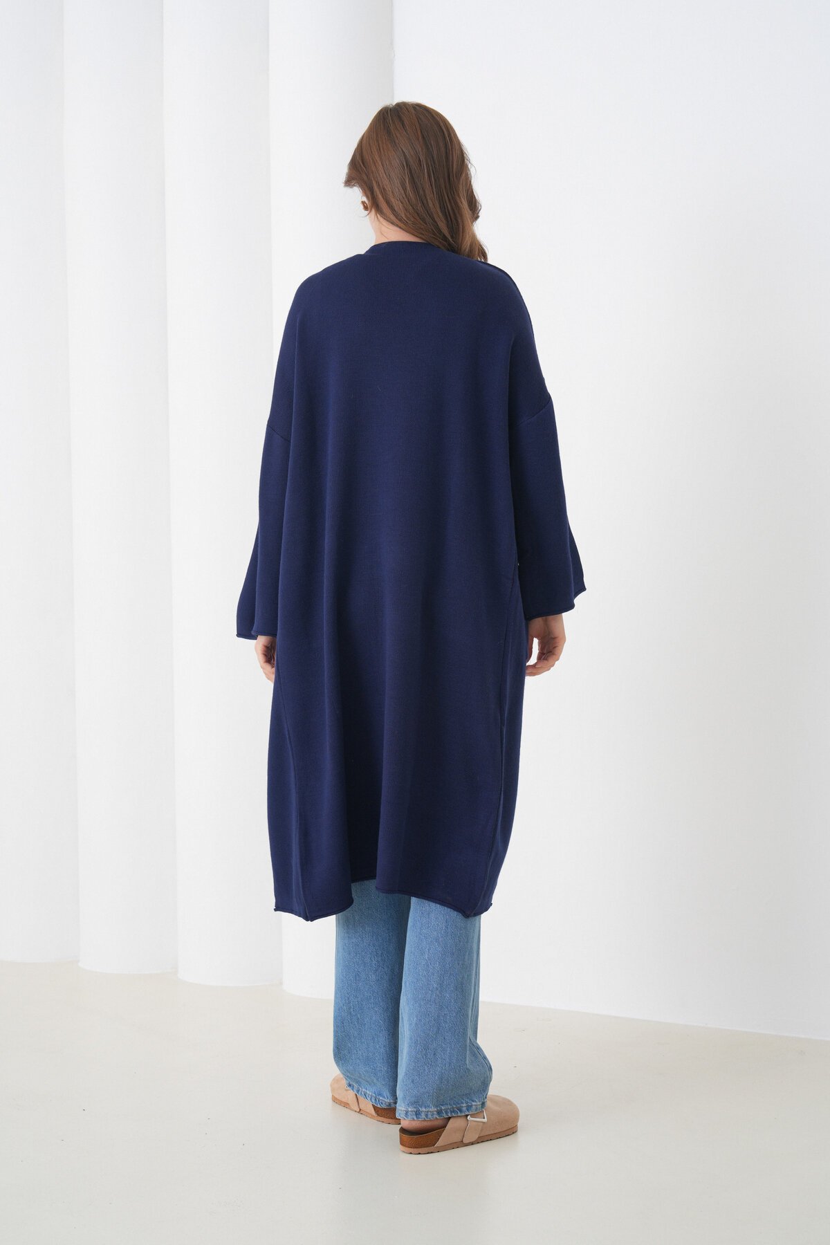 Kadın Tesettüre Uygun Maxi Boy Uzun Kol Cepli Spor Şık Triko Ceket