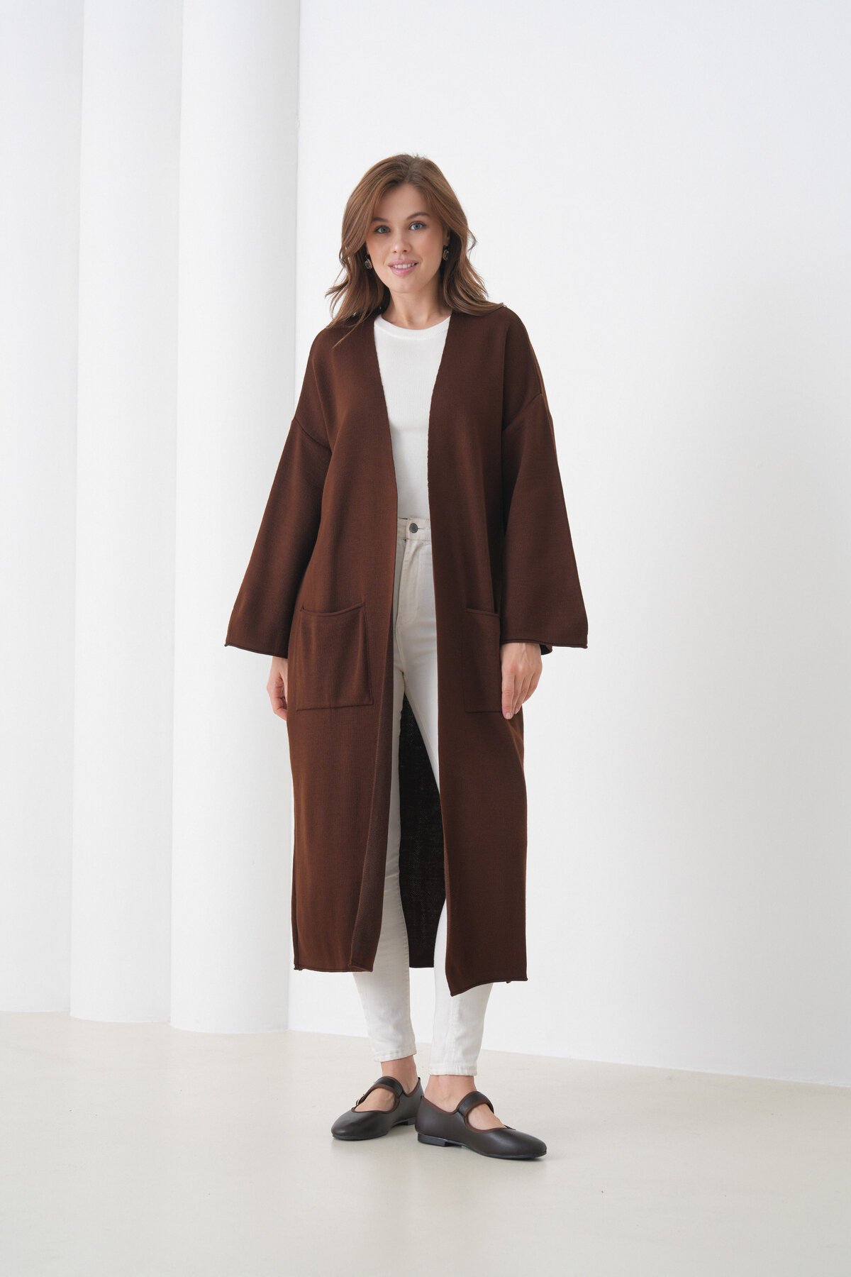 Kadın Tesettüre Uygun Maxi Boy Uzun Kol Cepli Spor Şık Triko Ceket