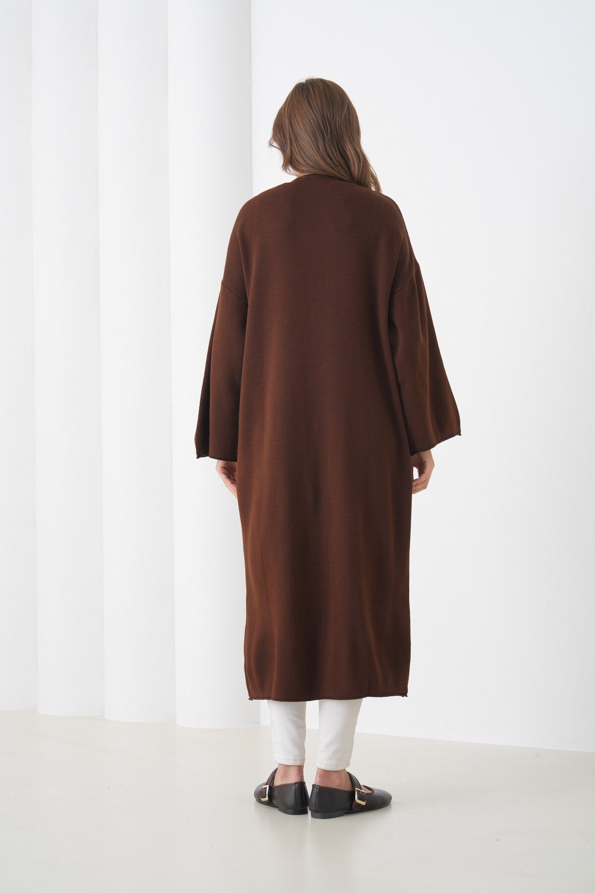 Kadın Tesettüre Uygun Maxi Boy Uzun Kol Cepli Spor Şık Triko Ceket