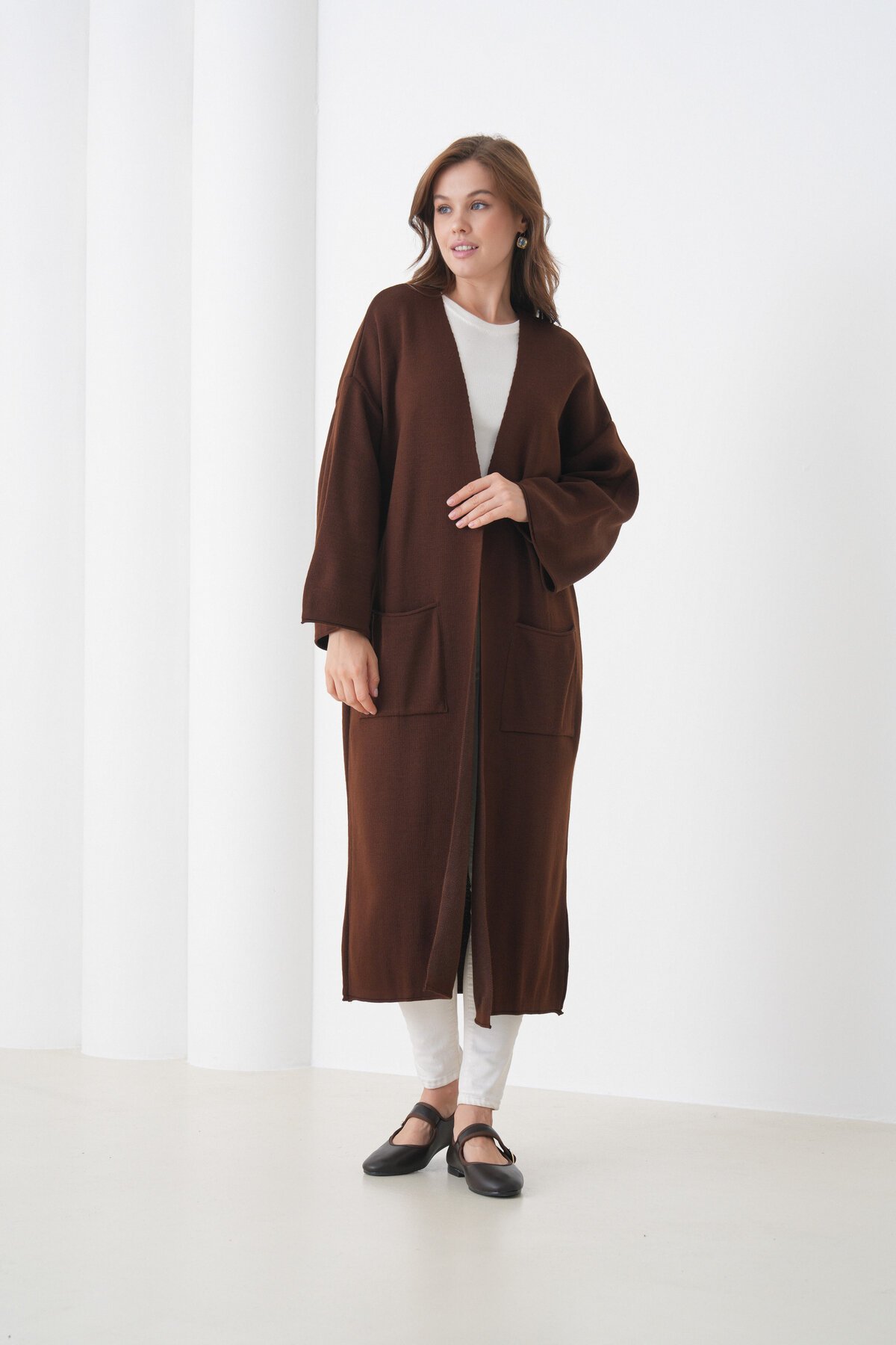 Kadın Tesettüre Uygun Maxi Boy Uzun Kol Cepli Spor Şık Triko Ceket