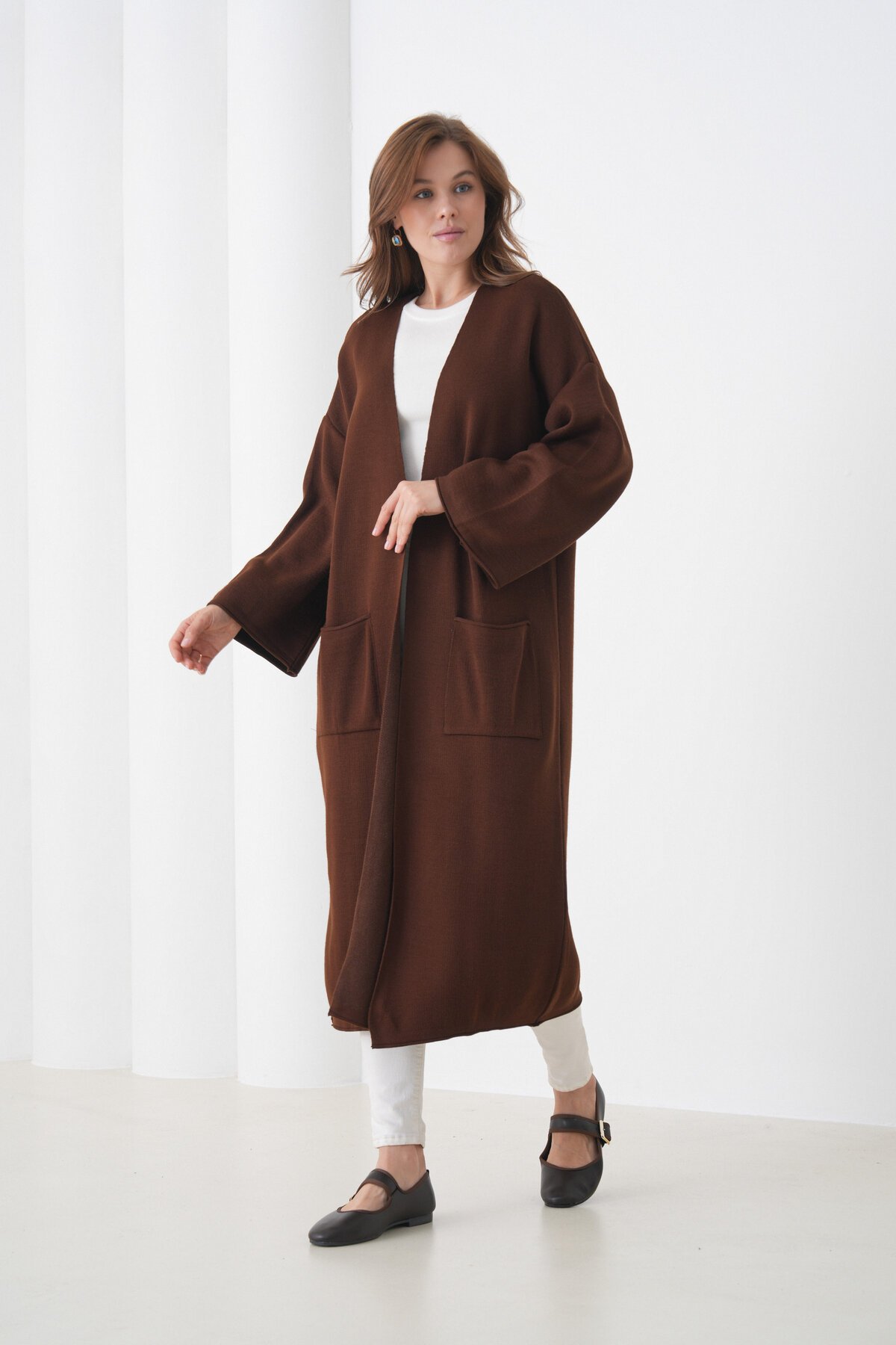 Kadın Tesettüre Uygun Maxi Boy Uzun Kol Cepli Spor Şık Triko Ceket