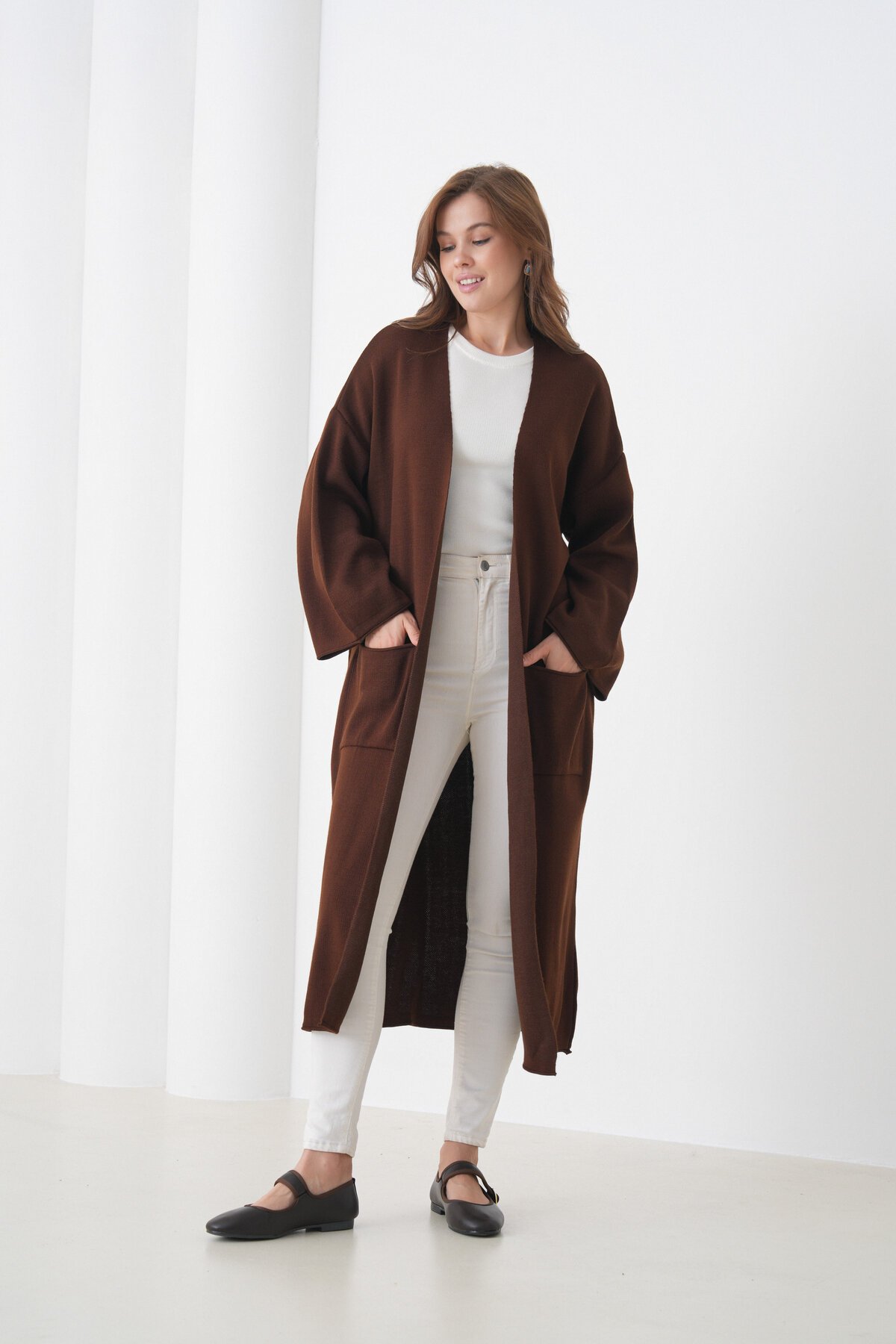 Kadın Tesettüre Uygun Maxi Boy Uzun Kol Cepli Spor Şık Triko Ceket