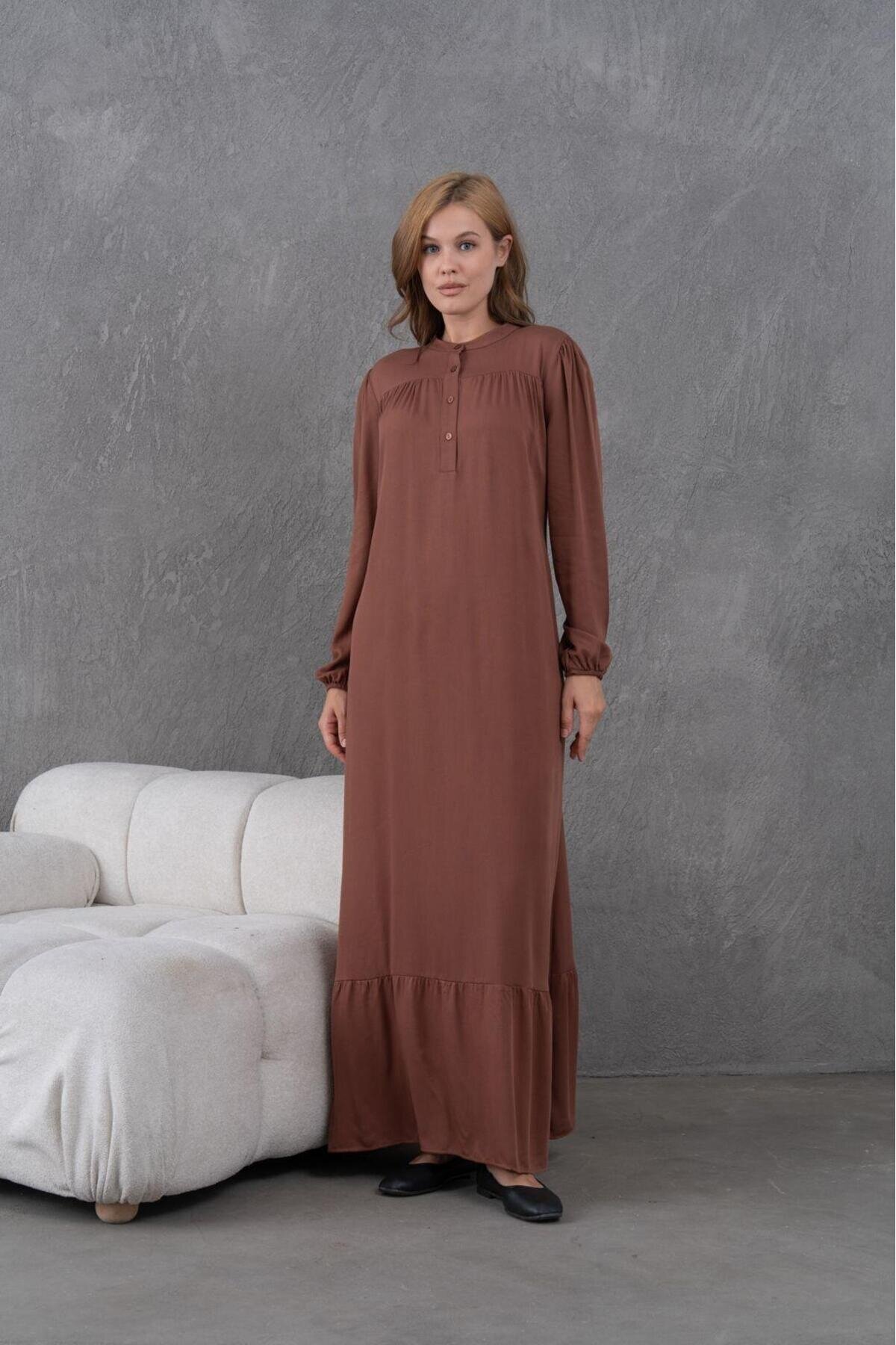 Kadın Tesettüre Uygun Uzun Kol Beli Bağcıklı Maxi Boy Rahat Büyük Beden Şık Pamuk Elbise