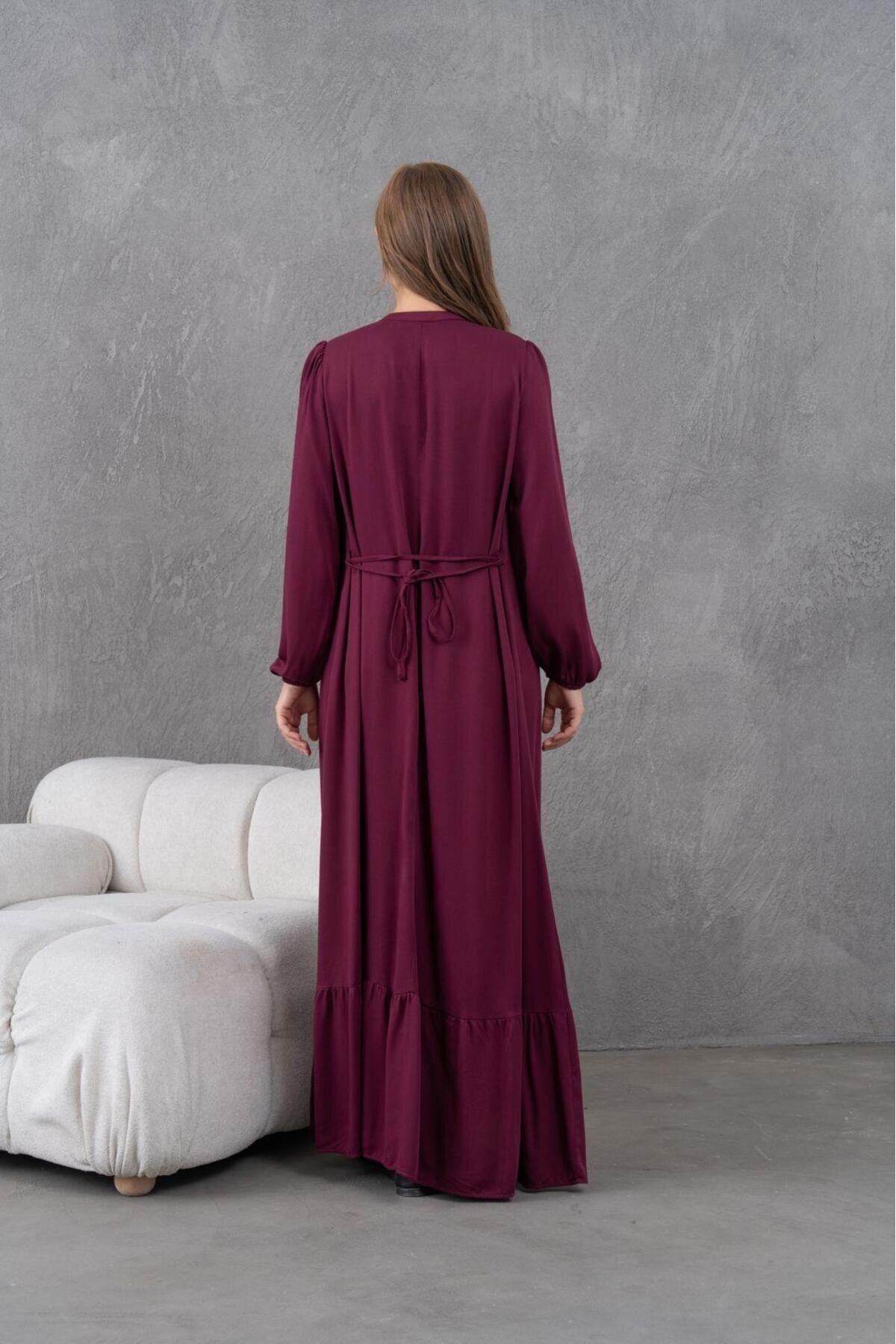 Kadın Tesettüre Uygun Uzun Kol Beli Bağcıklı Maxi Boy Rahat Büyük Beden Şık Pamuk Elbise