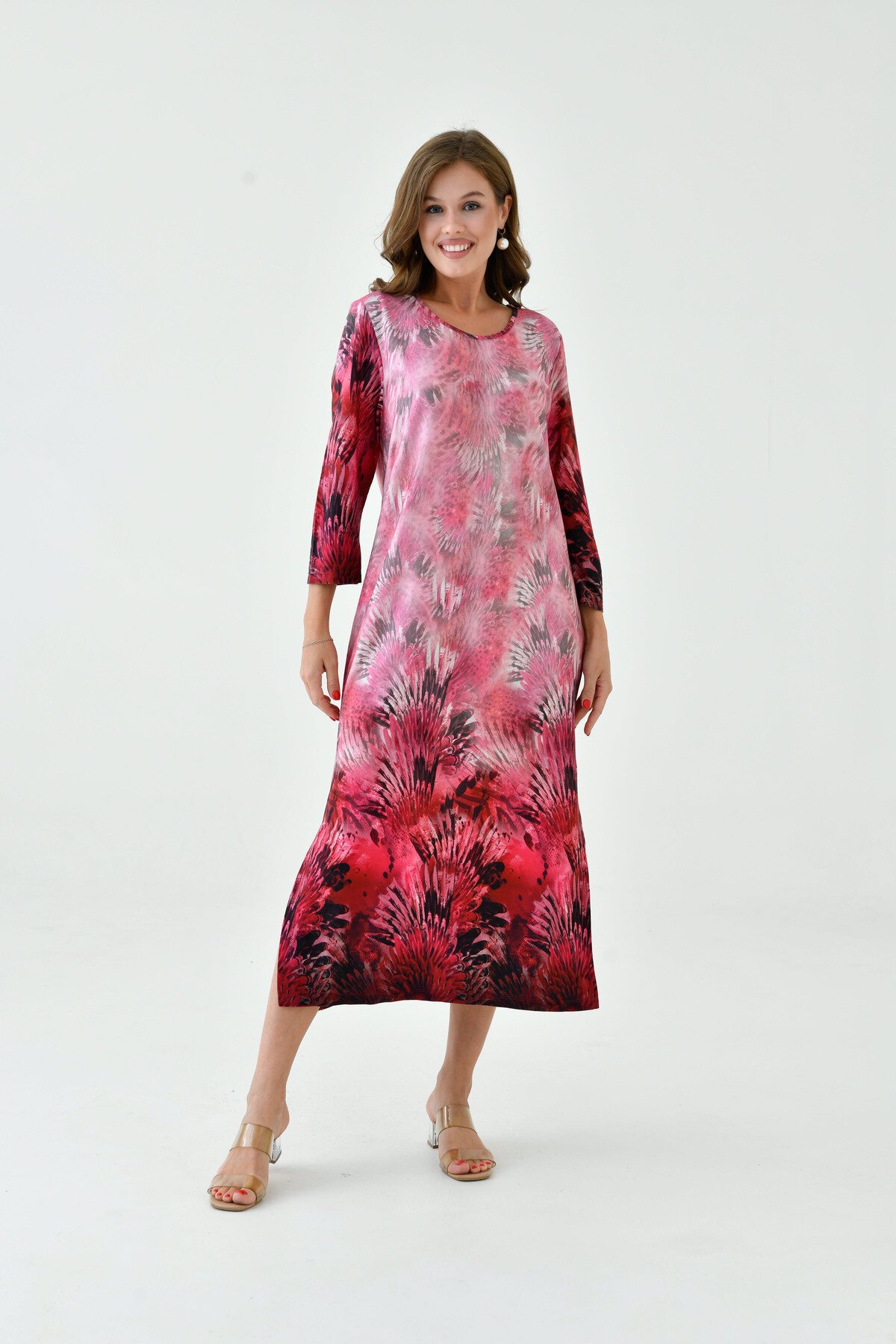 Kadın Truvakar Kol Desenli Midi Boy Büyük Beden Curve Gecelik Yırtmaçlı Pamuk Elbise