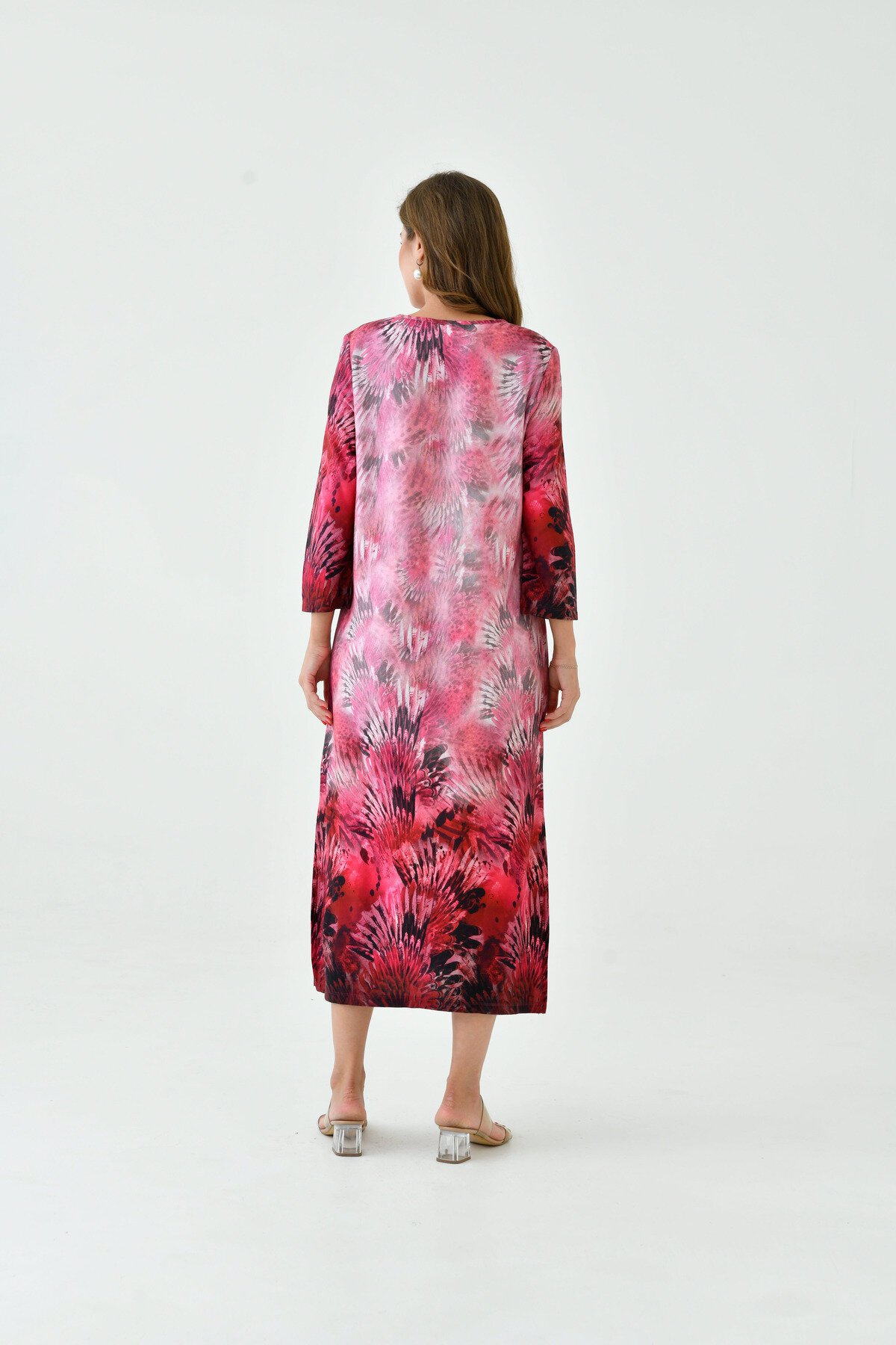 Kadın Truvakar Kol Desenli Midi Boy Büyük Beden Curve Gecelik Yırtmaçlı Pamuk Elbise