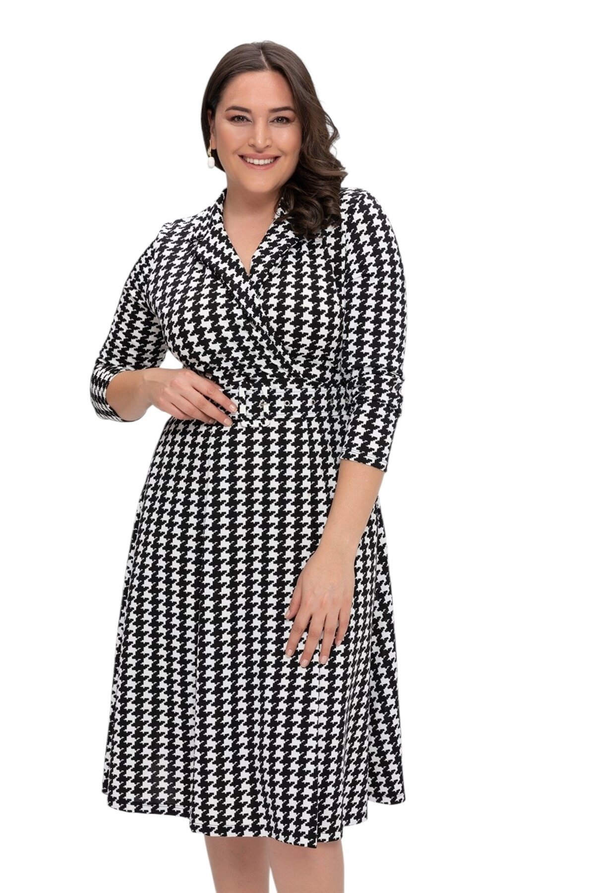 Kadın Truvakar Kol Gömlek Yaka Kemerli Kazayağı Desenli Çan Etekli