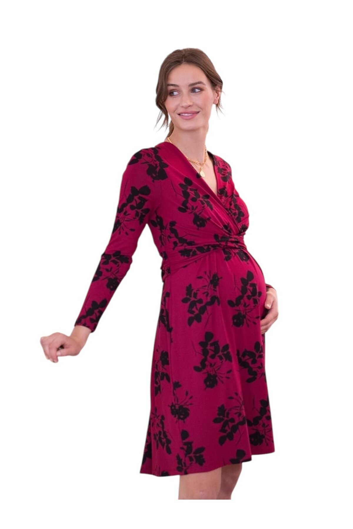Kadın Uzun Kol Emzirme Detaylı Tesettüre Uygun Çiçek Desenli Viskon Rahat Şık Midi Hamile Elbisesi