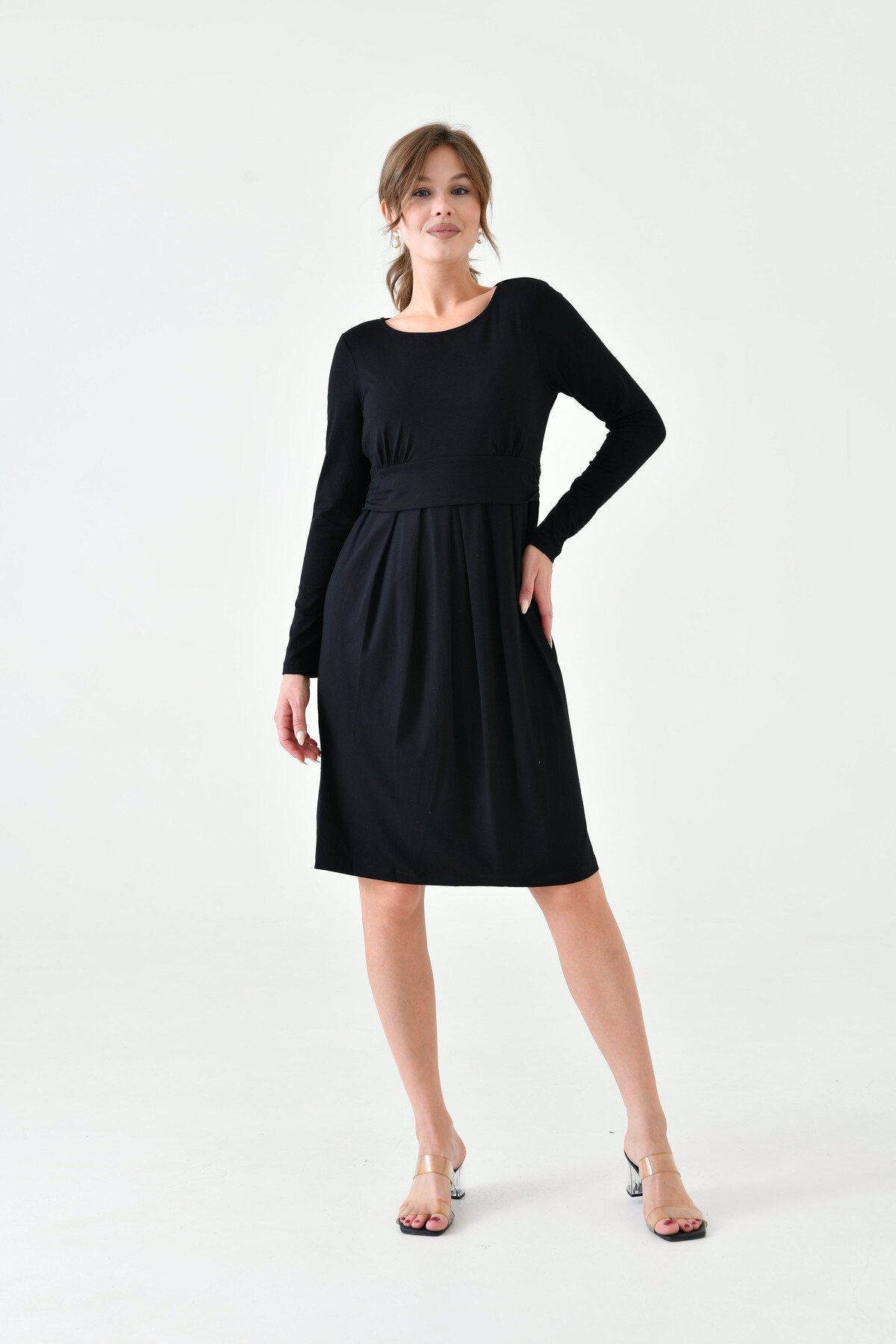 Kadın Uzun Kol Emzirme Detaylı Tesettüre Uygun Viskon Rahat Şık Midi Hamile Elbisesi