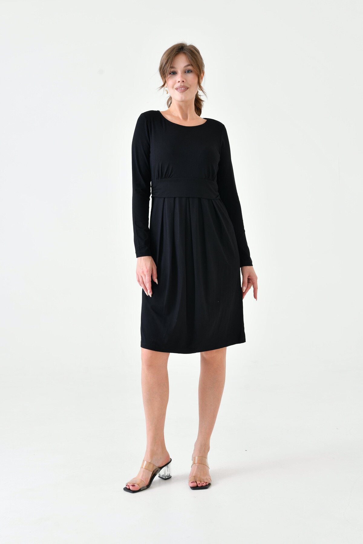 Kadın Uzun Kol Emzirme Detaylı Tesettüre Uygun Viskon Rahat Şık Midi Hamile Elbisesi
