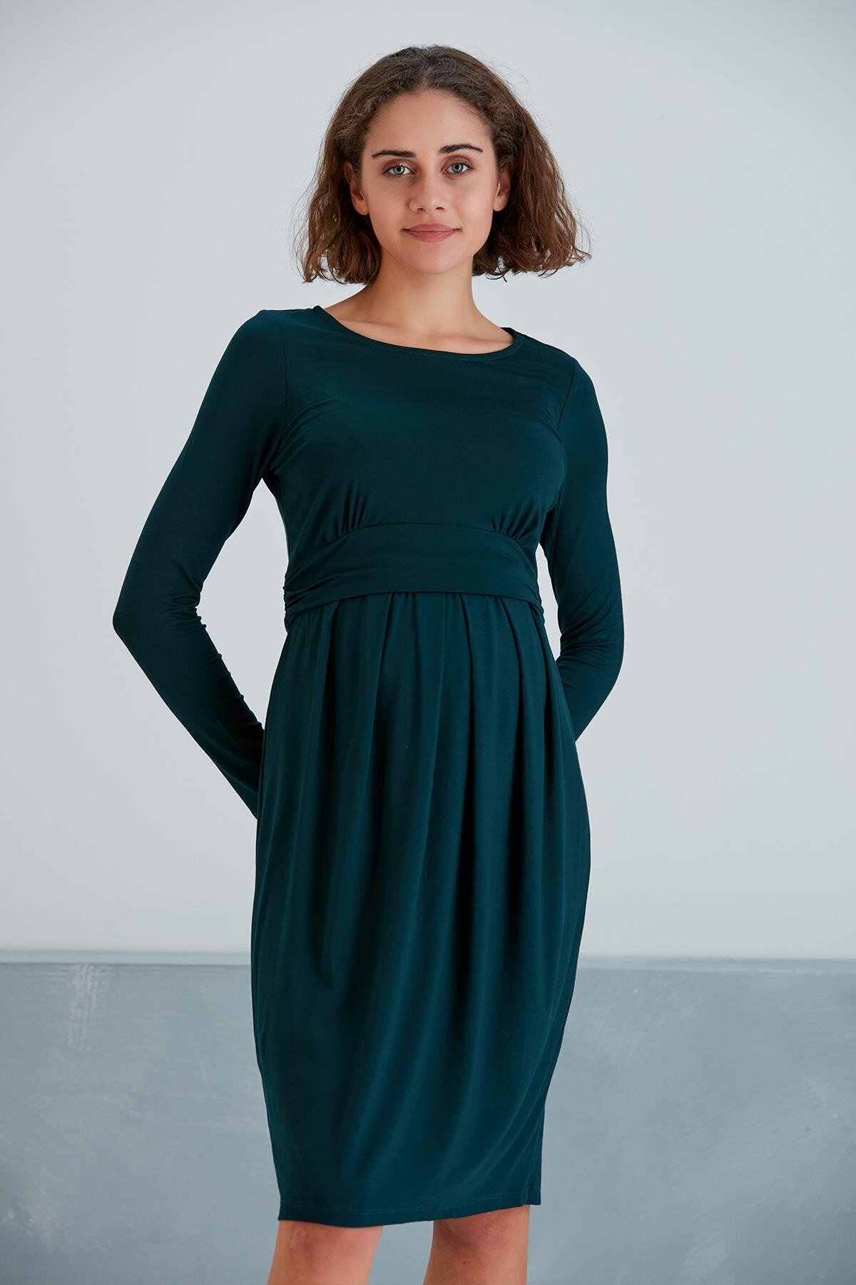 Kadın Uzun Kol Emzirme Detaylı Viskon Rahat Şık Hamile Elbisesi