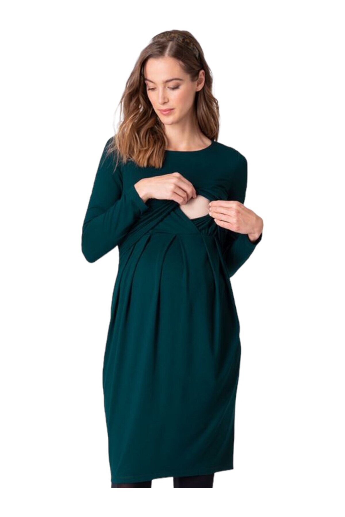 Kadın Uzun Kol Emzirme Detaylı Viskon Rahat Şık Hamile Elbisesi