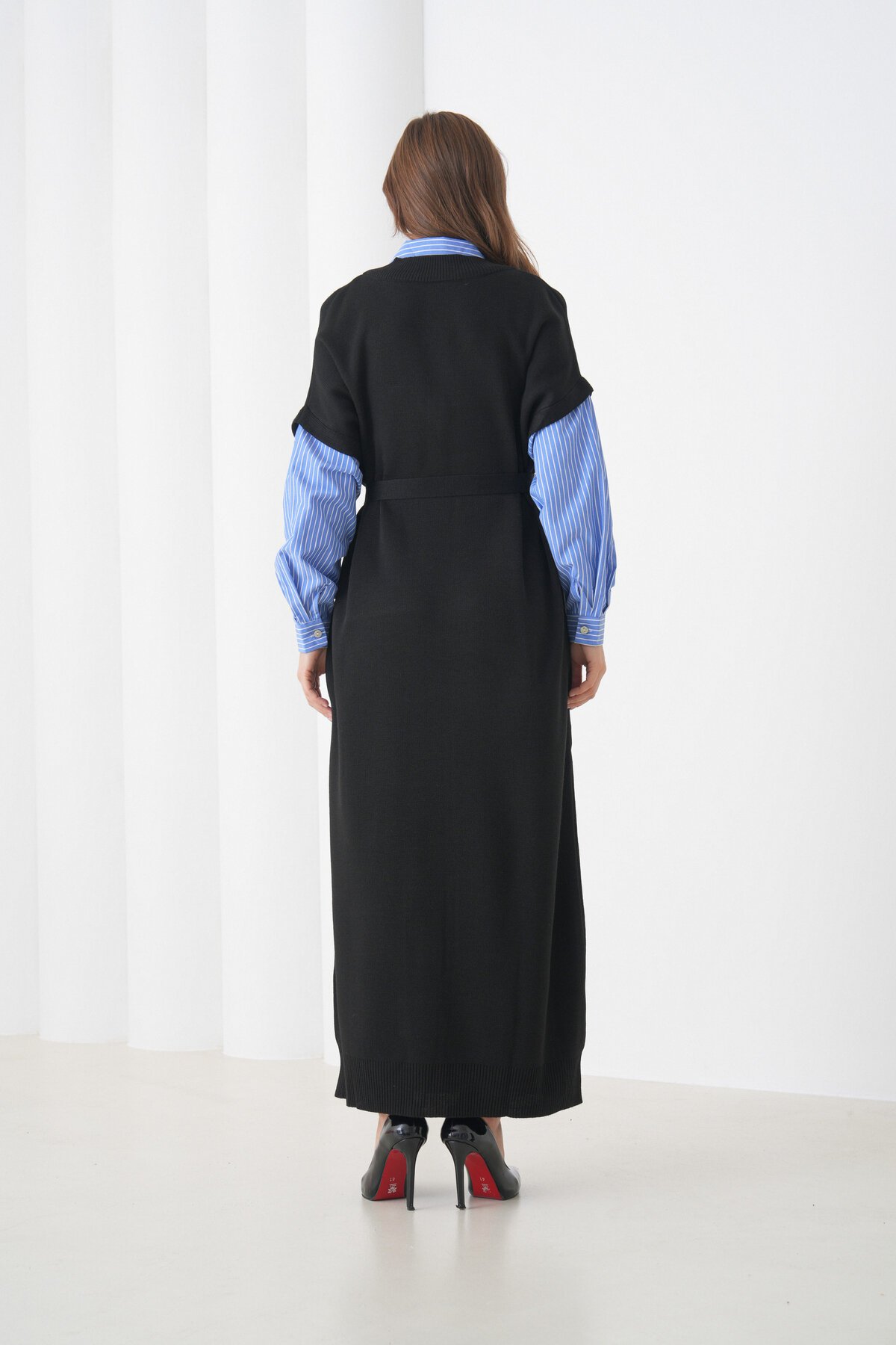 Kadın Uzun Kol Gömlek Yaka İçi Gömlekli Triko Kuşaklı Triko Spor Şık Elbise