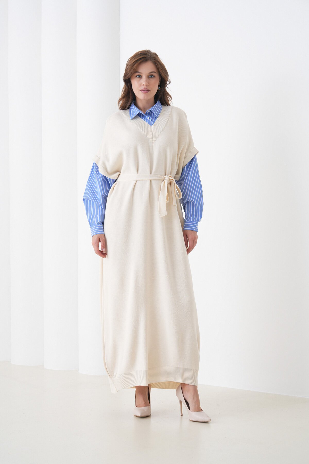 Kadın Uzun Kol Gömlek Yaka İçi Gömlekli Triko Kuşaklı Triko Spor Şık Elbise