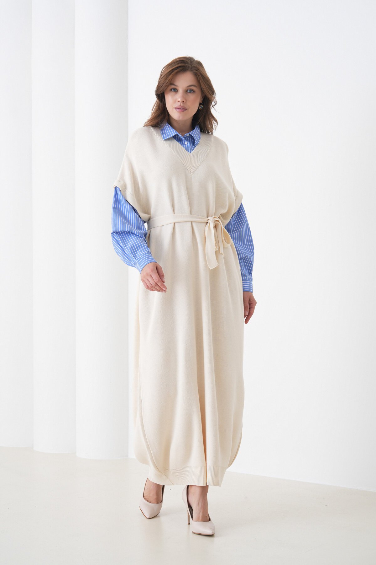 Kadın Uzun Kol Gömlek Yaka İçi Gömlekli Triko Kuşaklı Triko Spor Şık Elbise