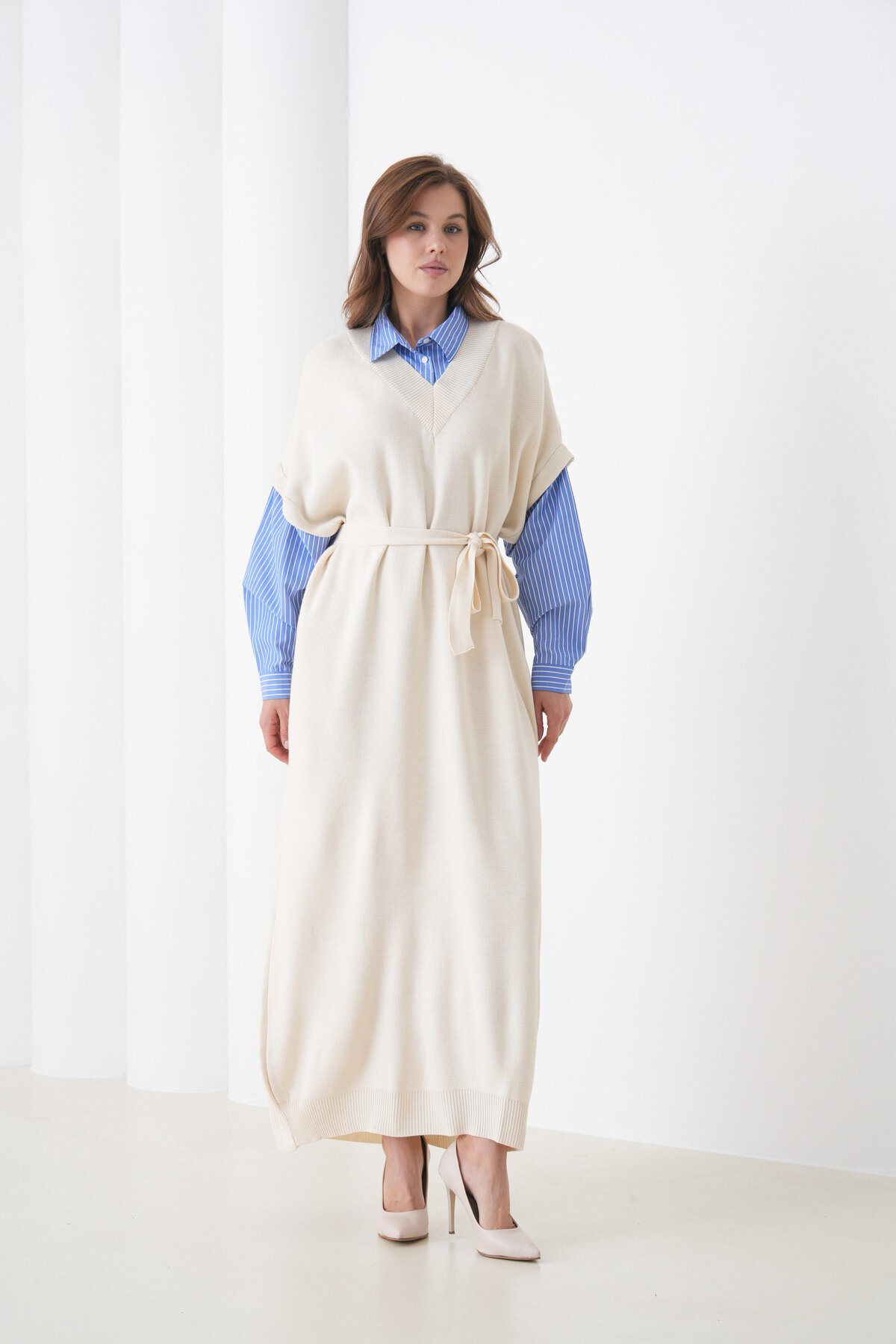 Kadın Uzun Kol Gömlek Yaka İçi Gömlekli Triko Kuşaklı Triko Spor Şık Elbise