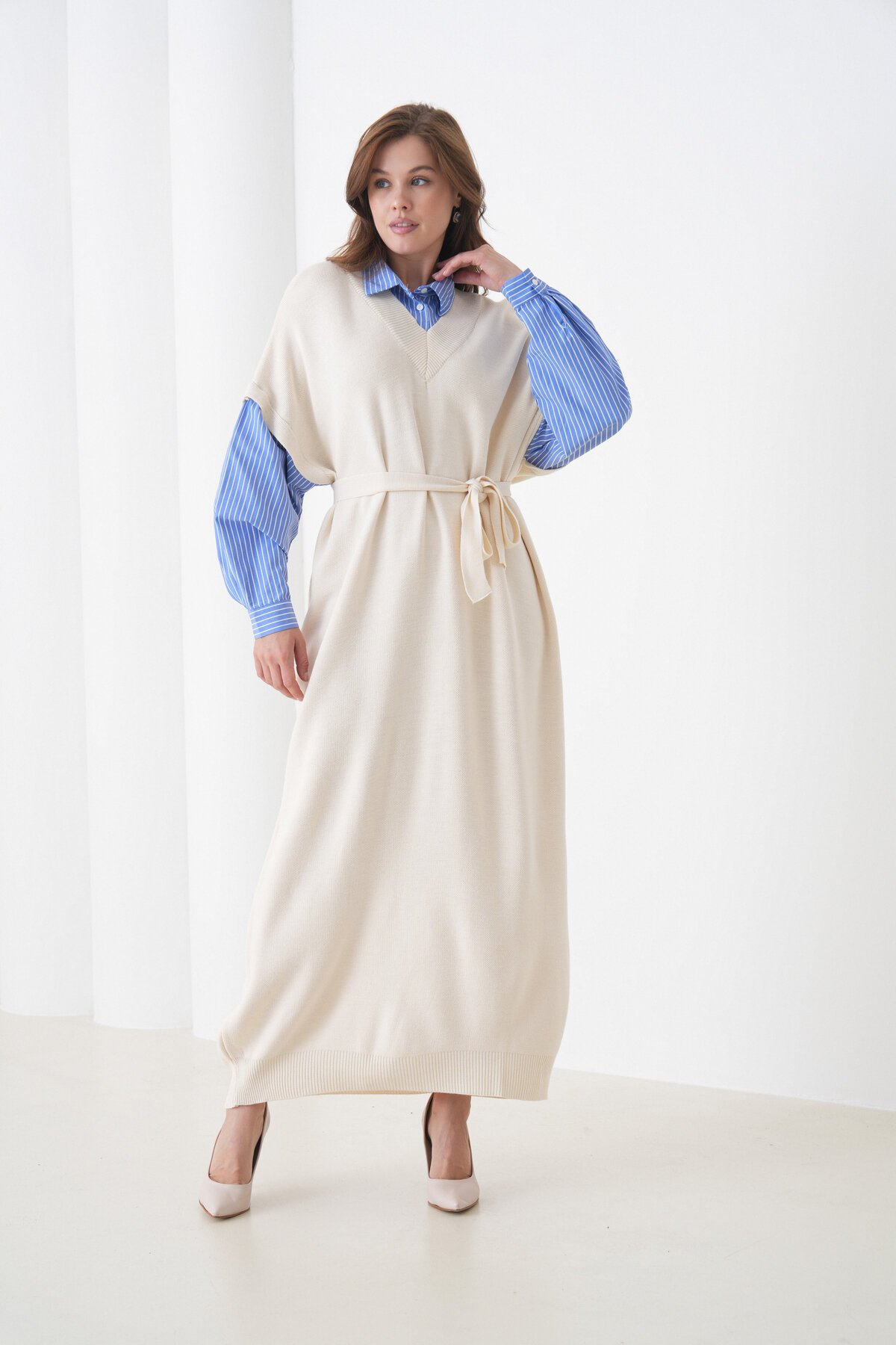 Kadın Uzun Kol Gömlek Yaka İçi Gömlekli Triko Kuşaklı Triko Spor Şık Elbise