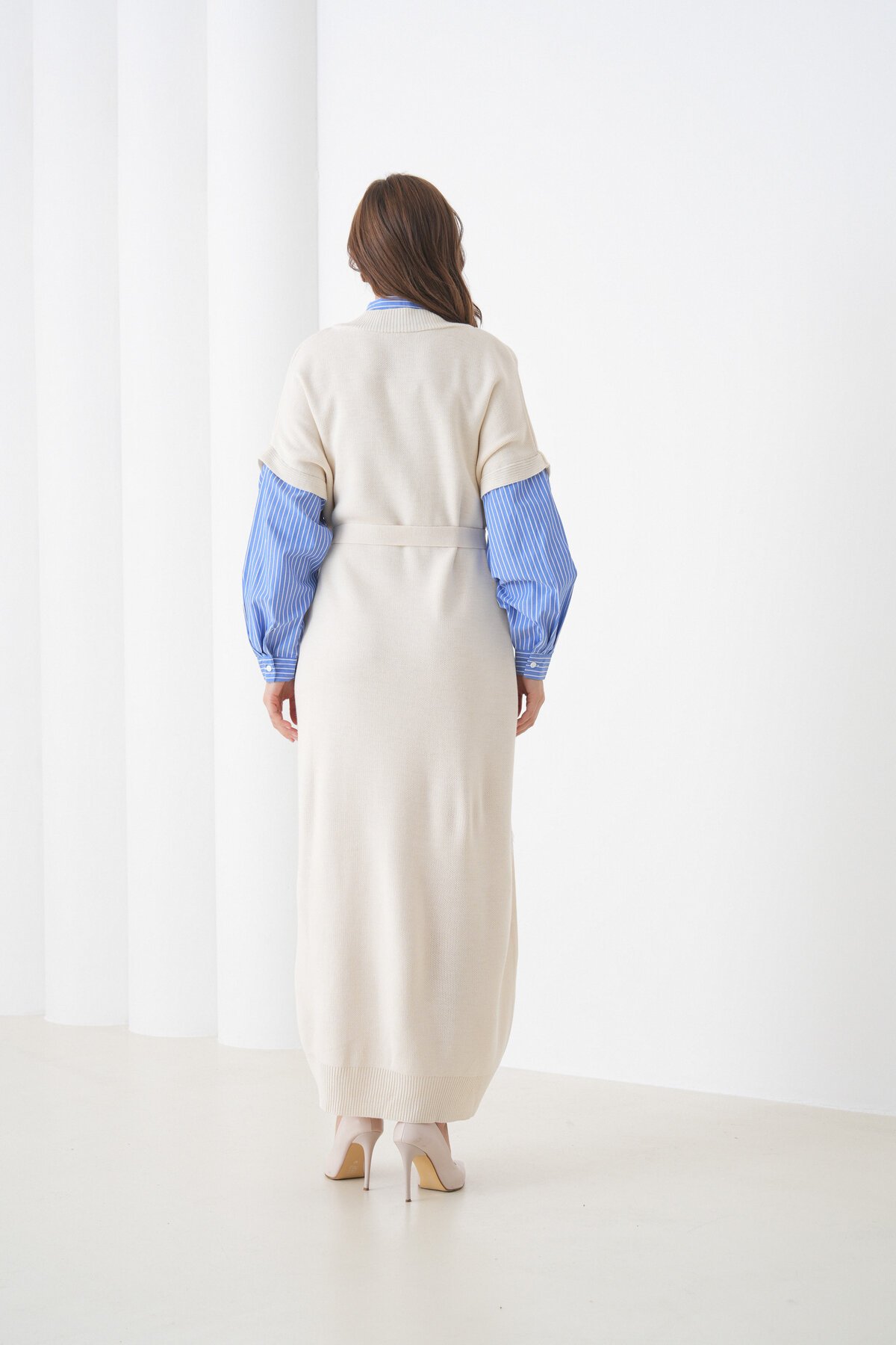 Kadın Uzun Kol Gömlek Yaka İçi Gömlekli Triko Kuşaklı Triko Spor Şık Elbise