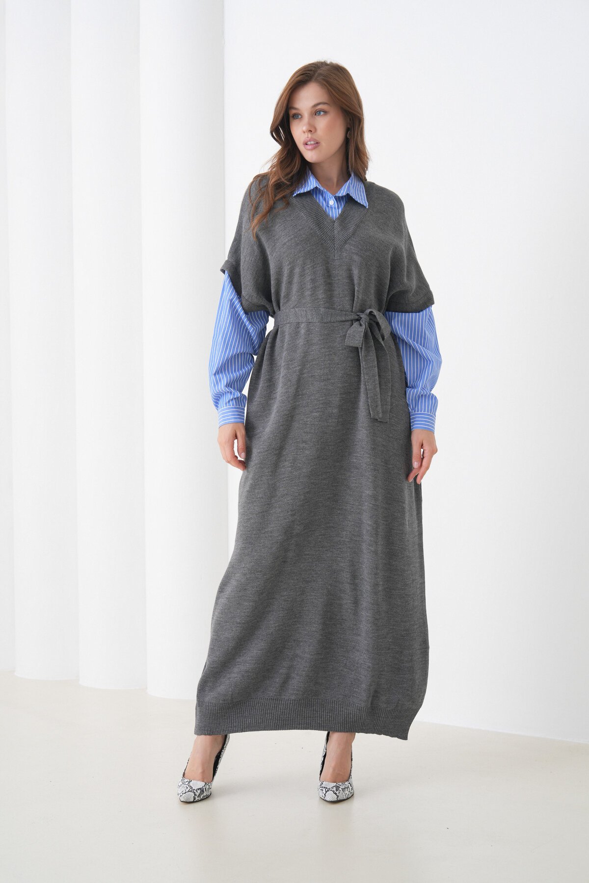 Kadın Uzun Kol Gömlek Yaka İçi Gömlekli Triko Kuşaklı Triko Spor Şık Elbise