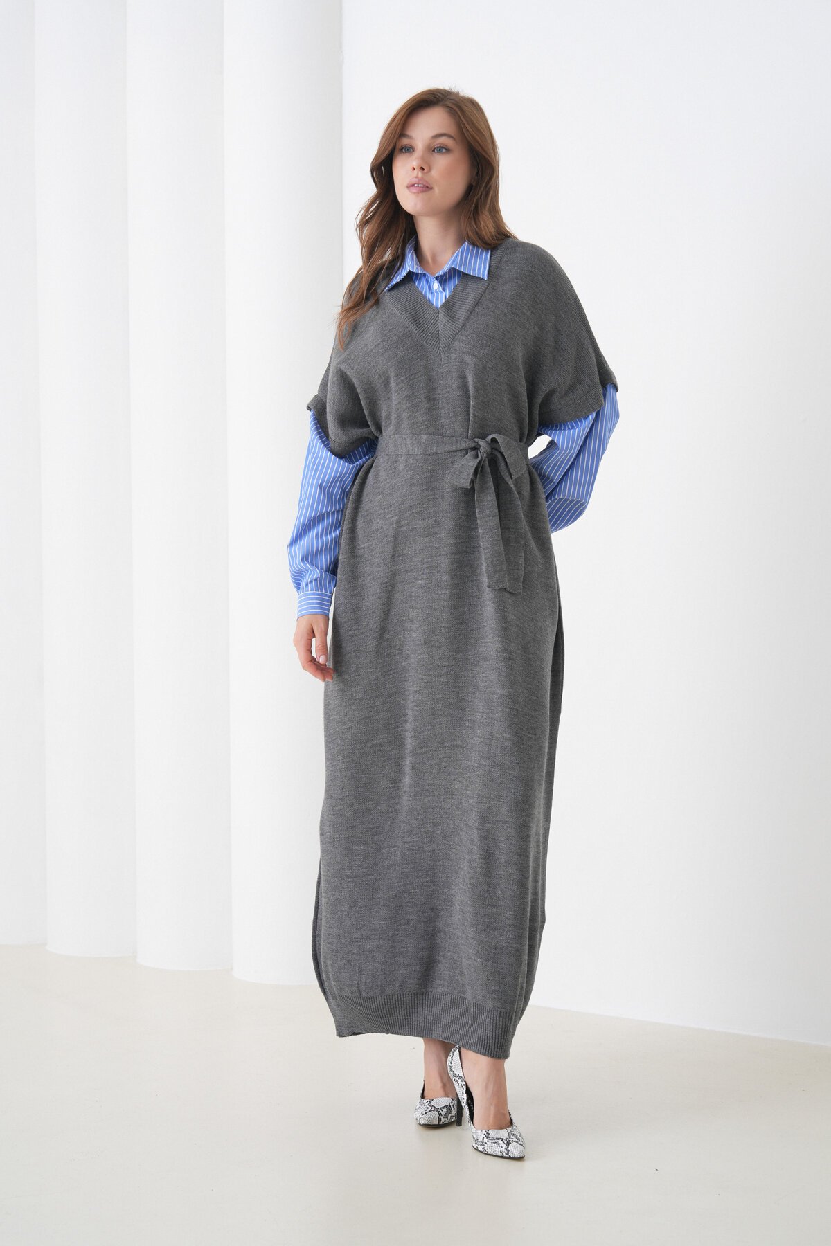 Kadın Uzun Kol Gömlek Yaka İçi Gömlekli Triko Kuşaklı Triko Spor Şık Elbise