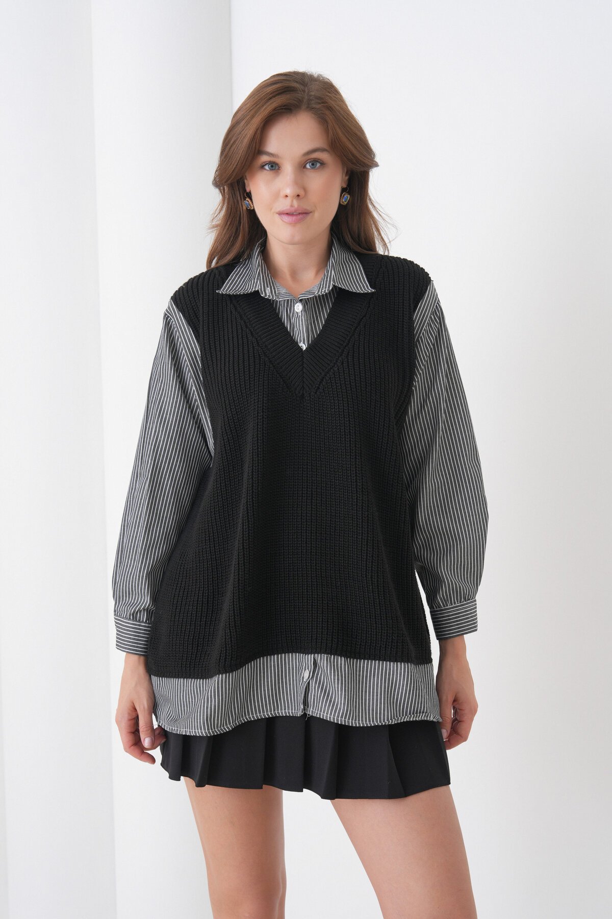 Kadın Uzun Kol Gömlek Yaka İçi Gömlekli Triko Yelekli Spor Şık Gömlek Kazak