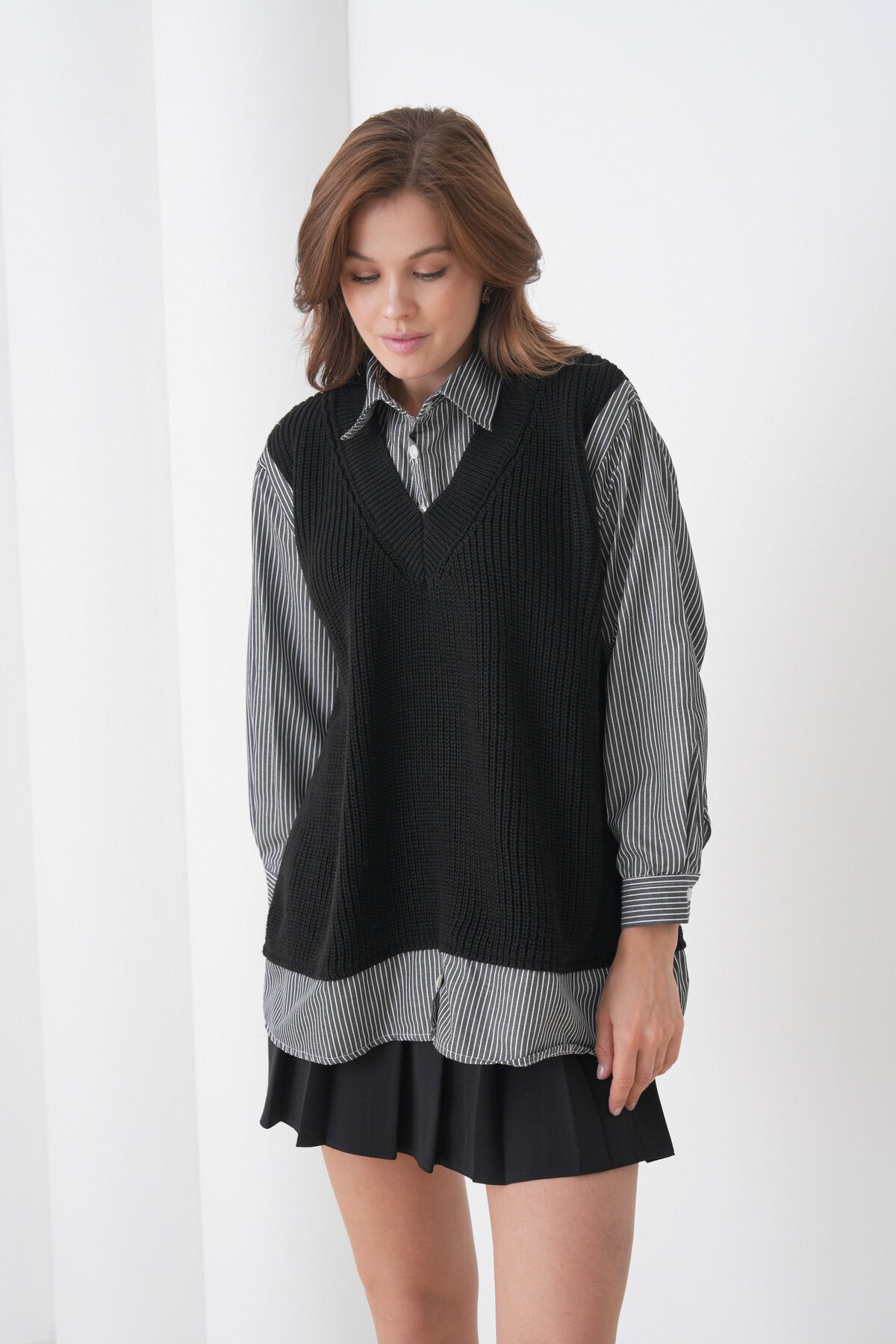 Kadın Uzun Kol Gömlek Yaka İçi Gömlekli Triko Yelekli Spor Şık Gömlek Kazak