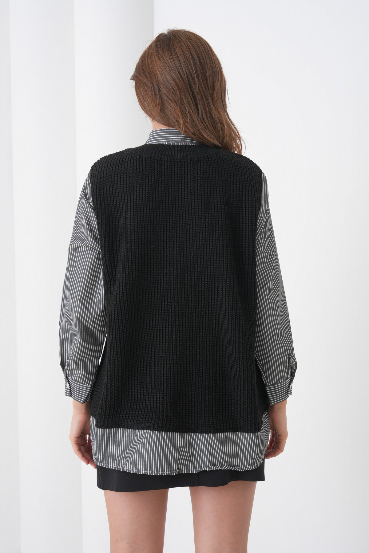 Kadın Uzun Kol Gömlek Yaka İçi Gömlekli Triko Yelekli Spor Şık Gömlek Kazak