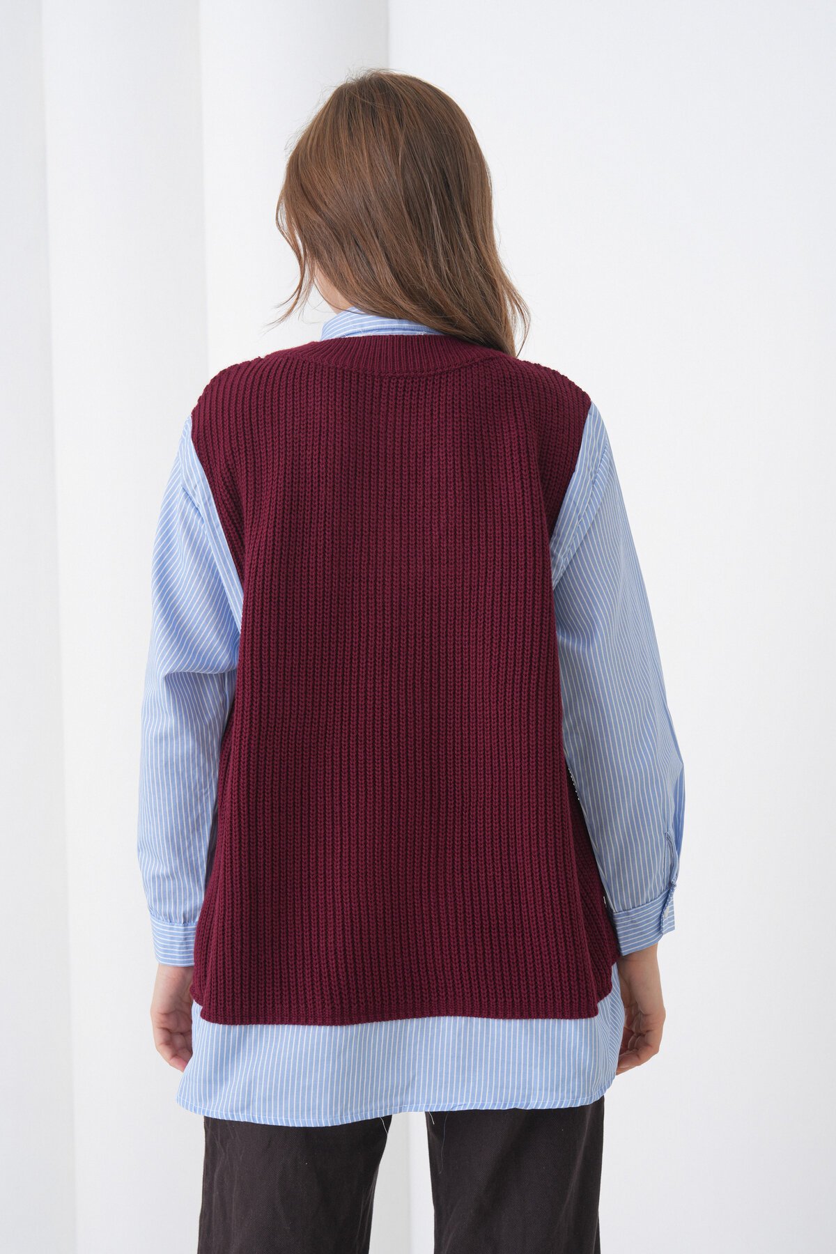 Kadın Uzun Kol Gömlek Yaka İçi Gömlekli Triko Yelekli Spor Şık Gömlek Kazak