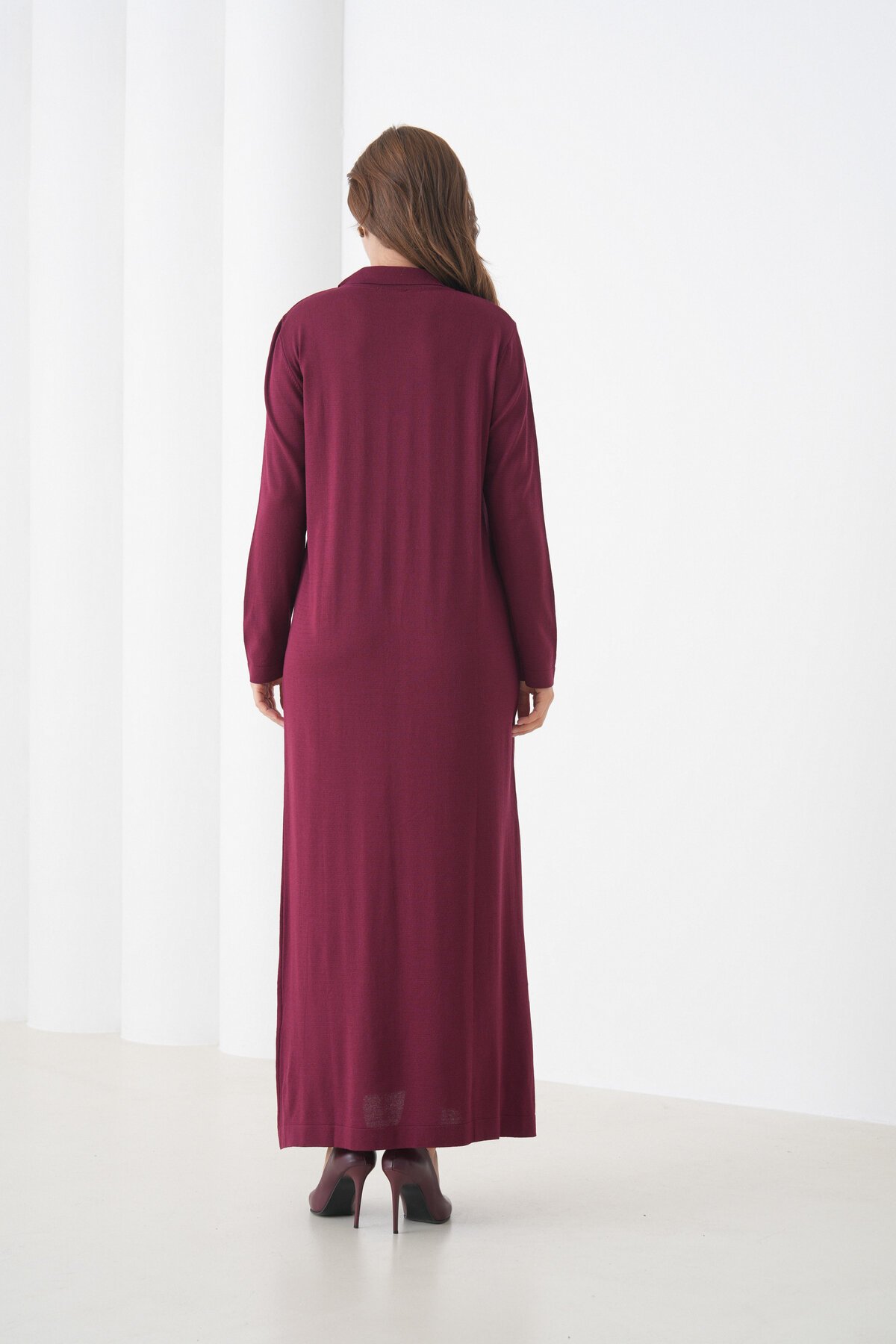 Kadın Uzun Kol Gömlek Yaka Triko Önden Düğmeli Triko Spor Şık Elbise